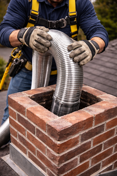 Person fitting metal chimney liner into brick chimney on a rooftop.
