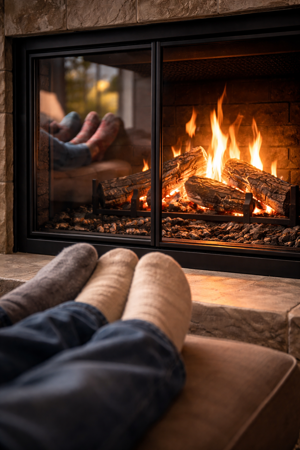 Feet in socks in front of a fireplace with flames. Warm, cozy setting.