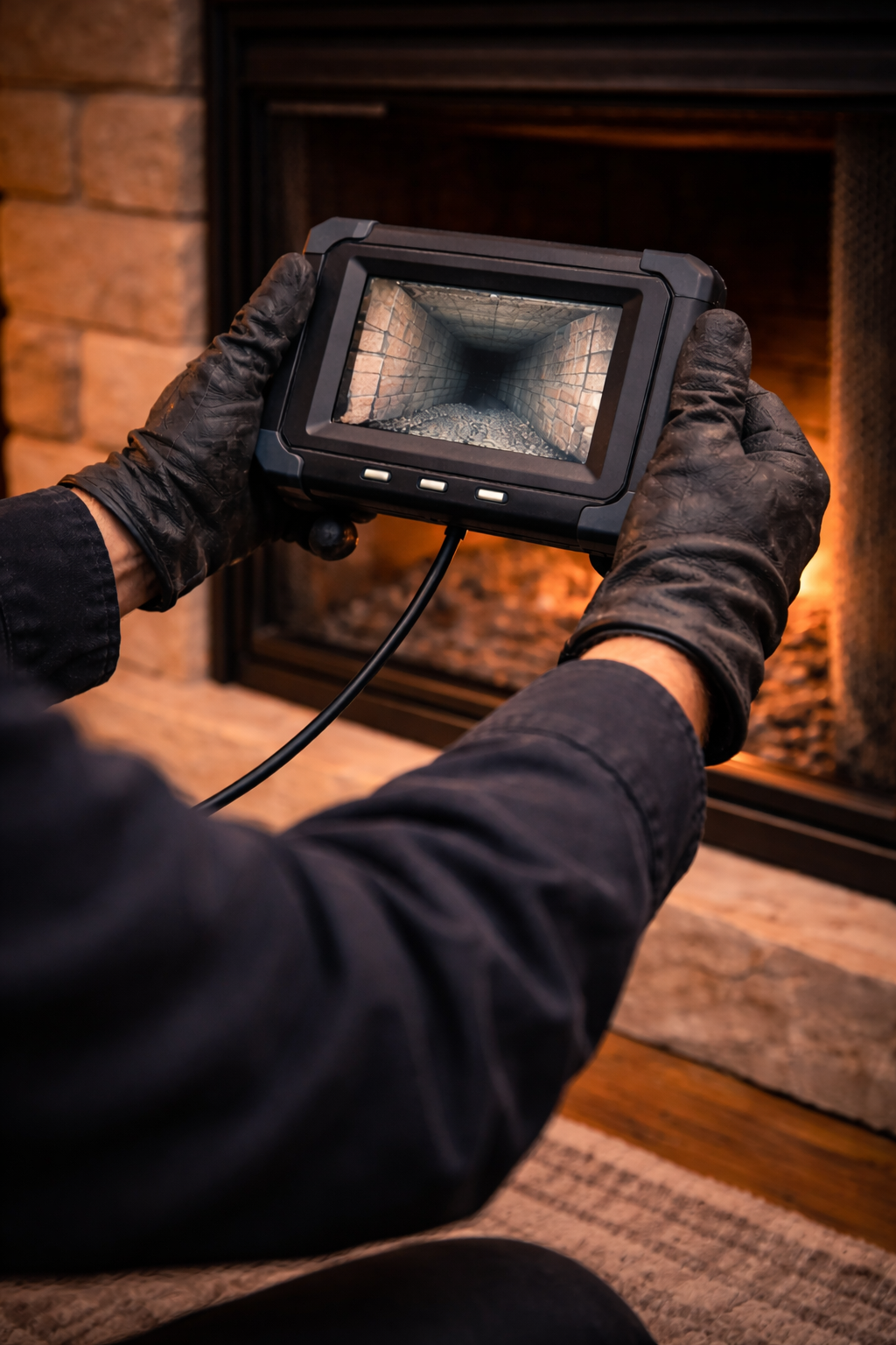 Person using a digital camera to inspect a chimney, gloves, and fireplace in the background.