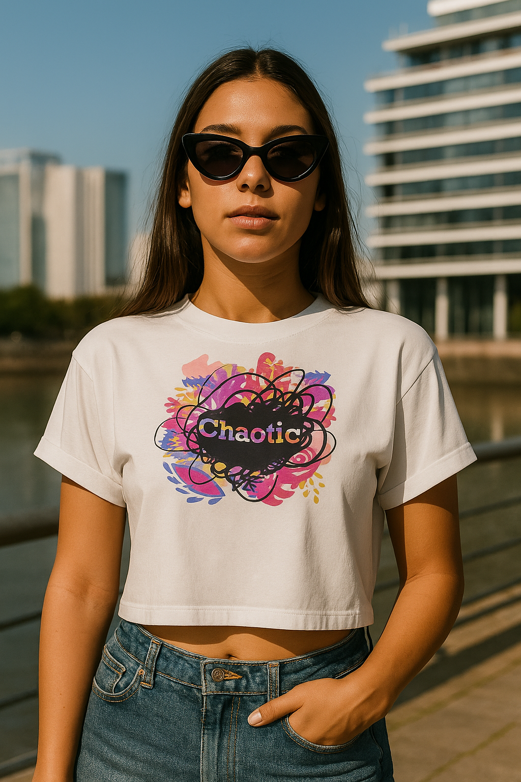 Mujer con gafas de sol y top corto con gráfico 