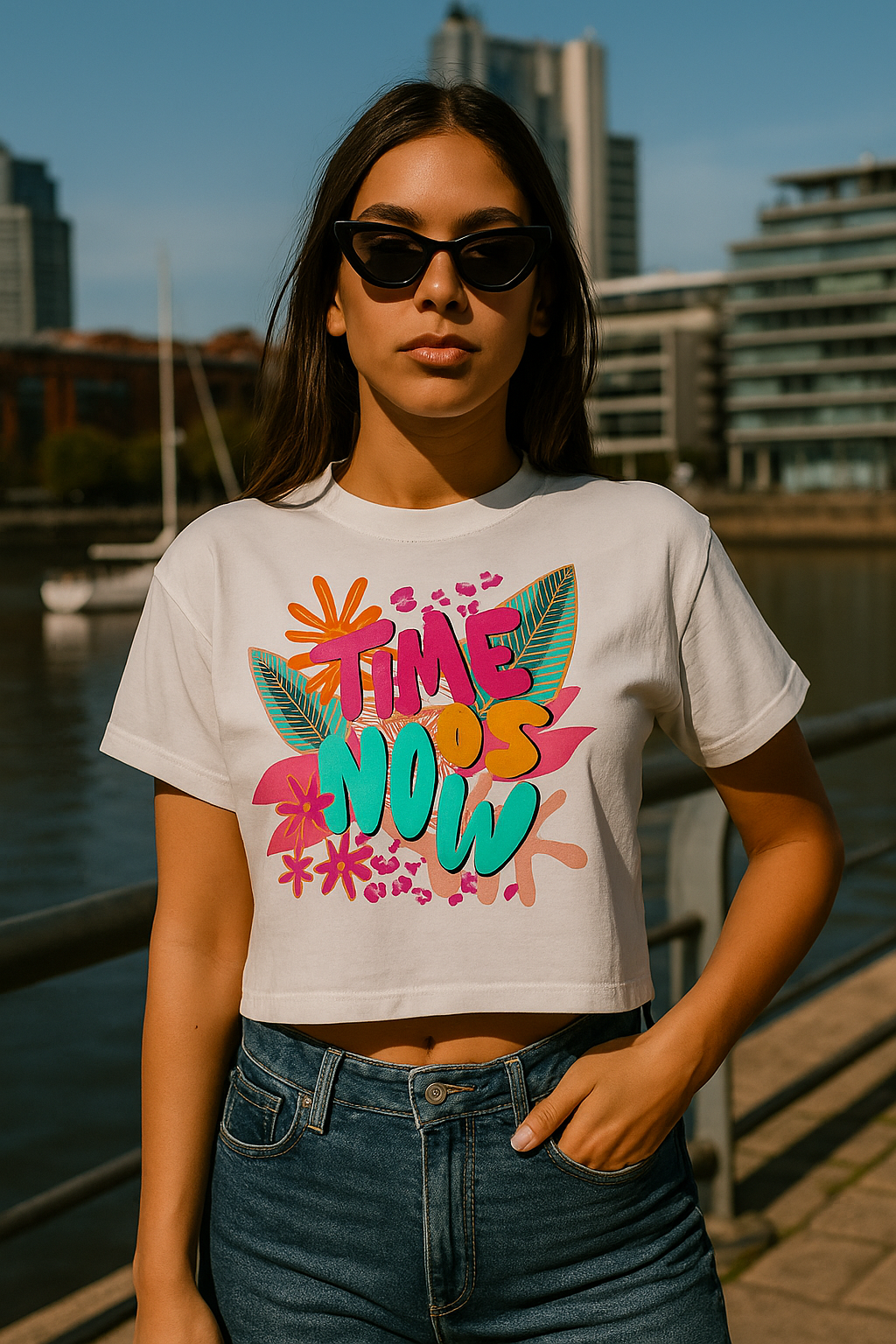 Una mujer con gafas de sol y un top corto con el gráfico 