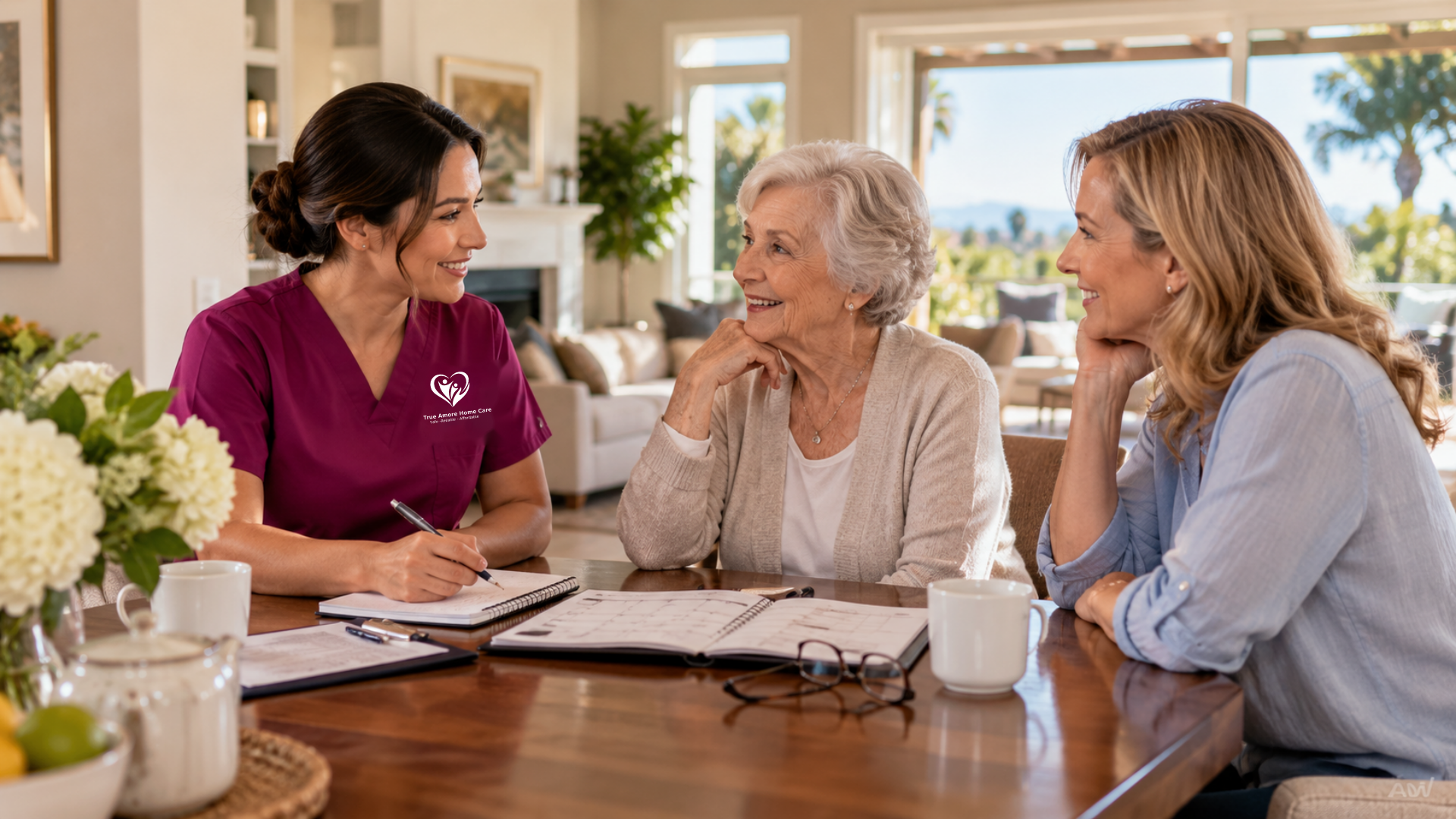 True Amore Home Care caregiver discussing a personalized home care plan