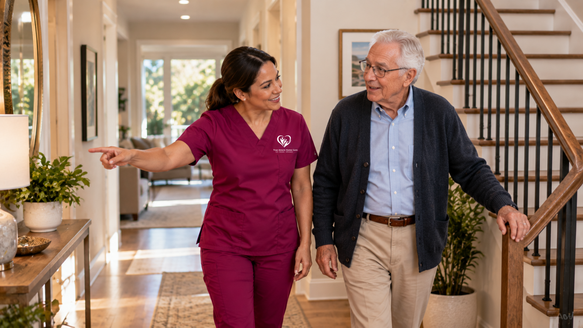 True Amore Home Care caregiver walking with an older man through his home and discussing his daily routine