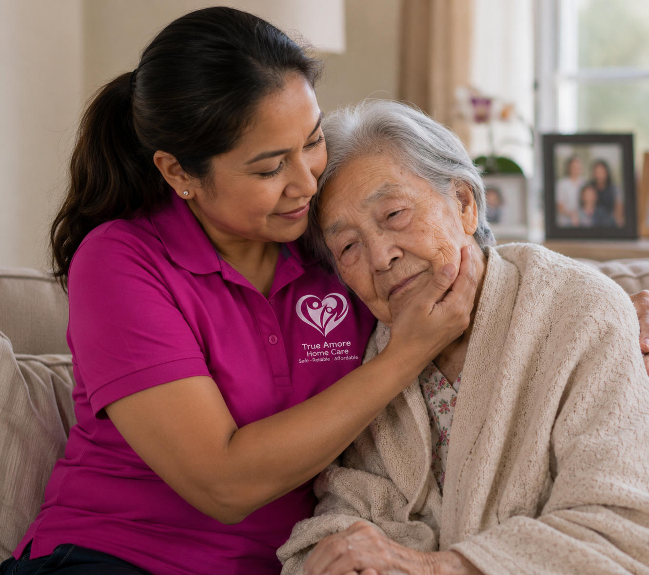 Caregiver helping a senior client in a bright home kitchen in Porter Ranch