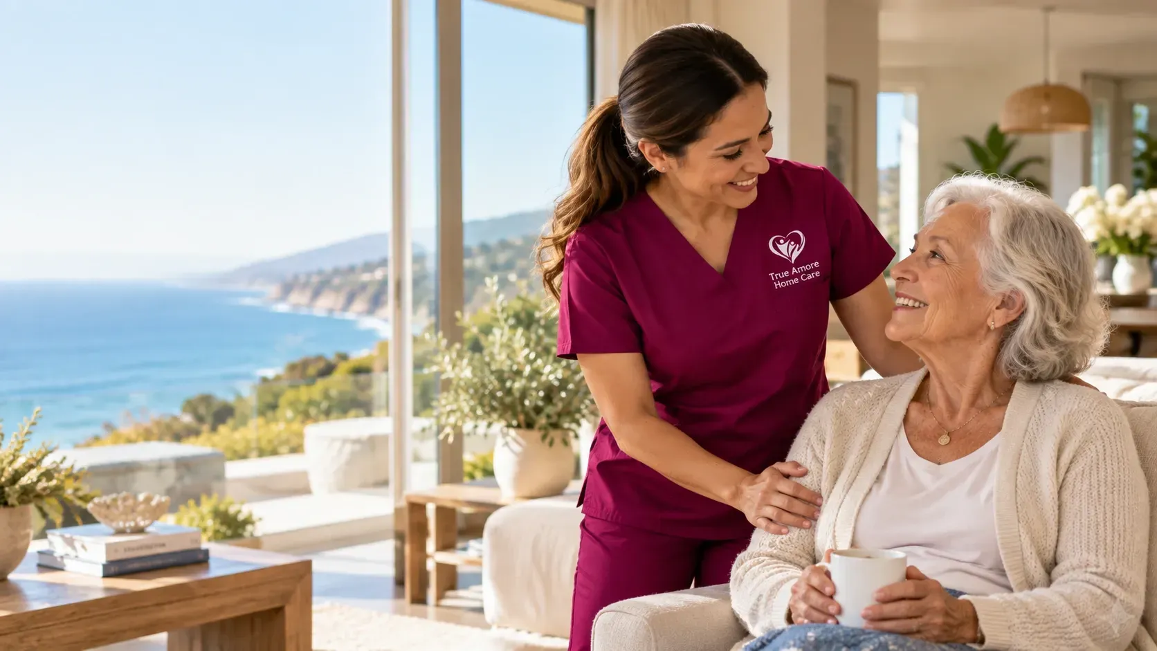 True Amore caregiver accompanying a senior client at home in Malibu, CA