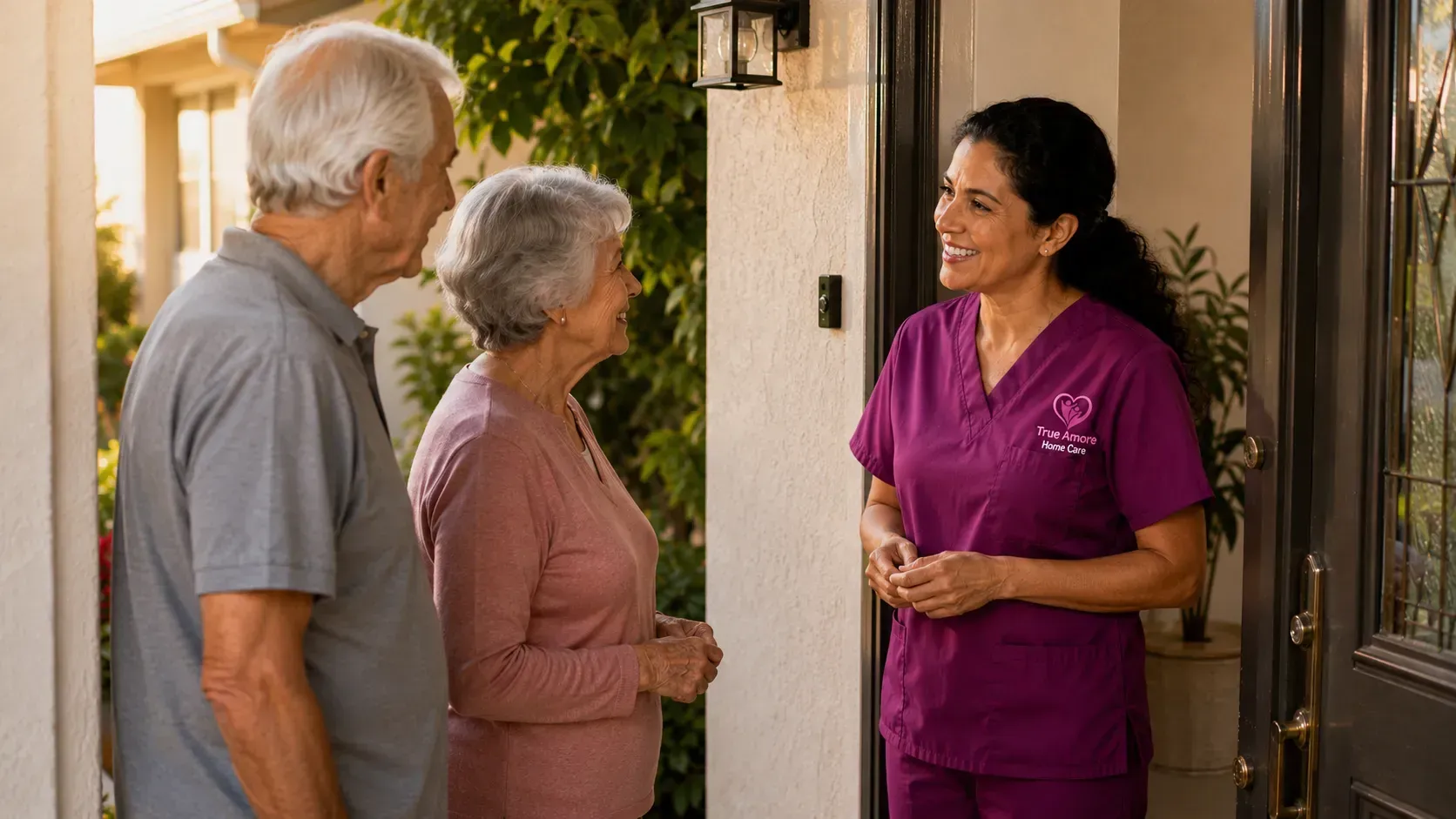 True Amore Home Care caregiver welcoming an older couple at their Los Angeles home.