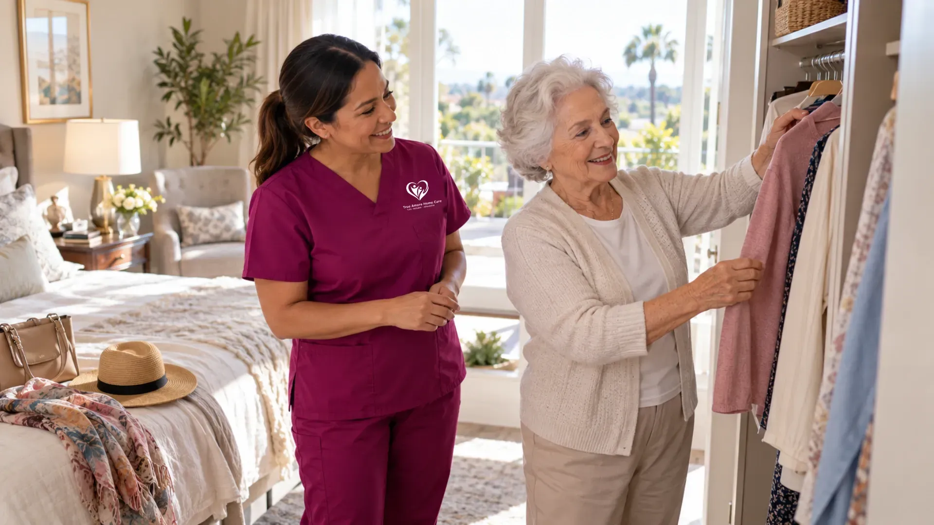 True Amore Home Care caregiver helping an older woman choose clothing at home