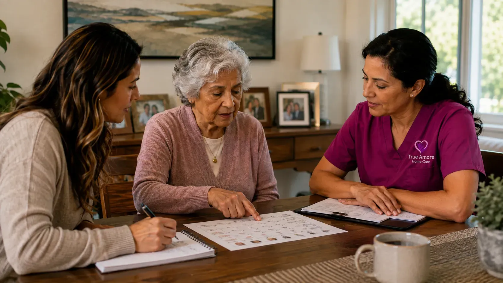 True Amore Home Care caregiver reviewing a personalized care plan with a senior & her family member