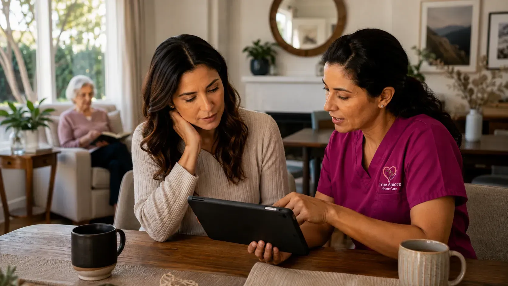 True Amore Home Care caregiver discussing a personalized senior care plan with a Los Angeles family.