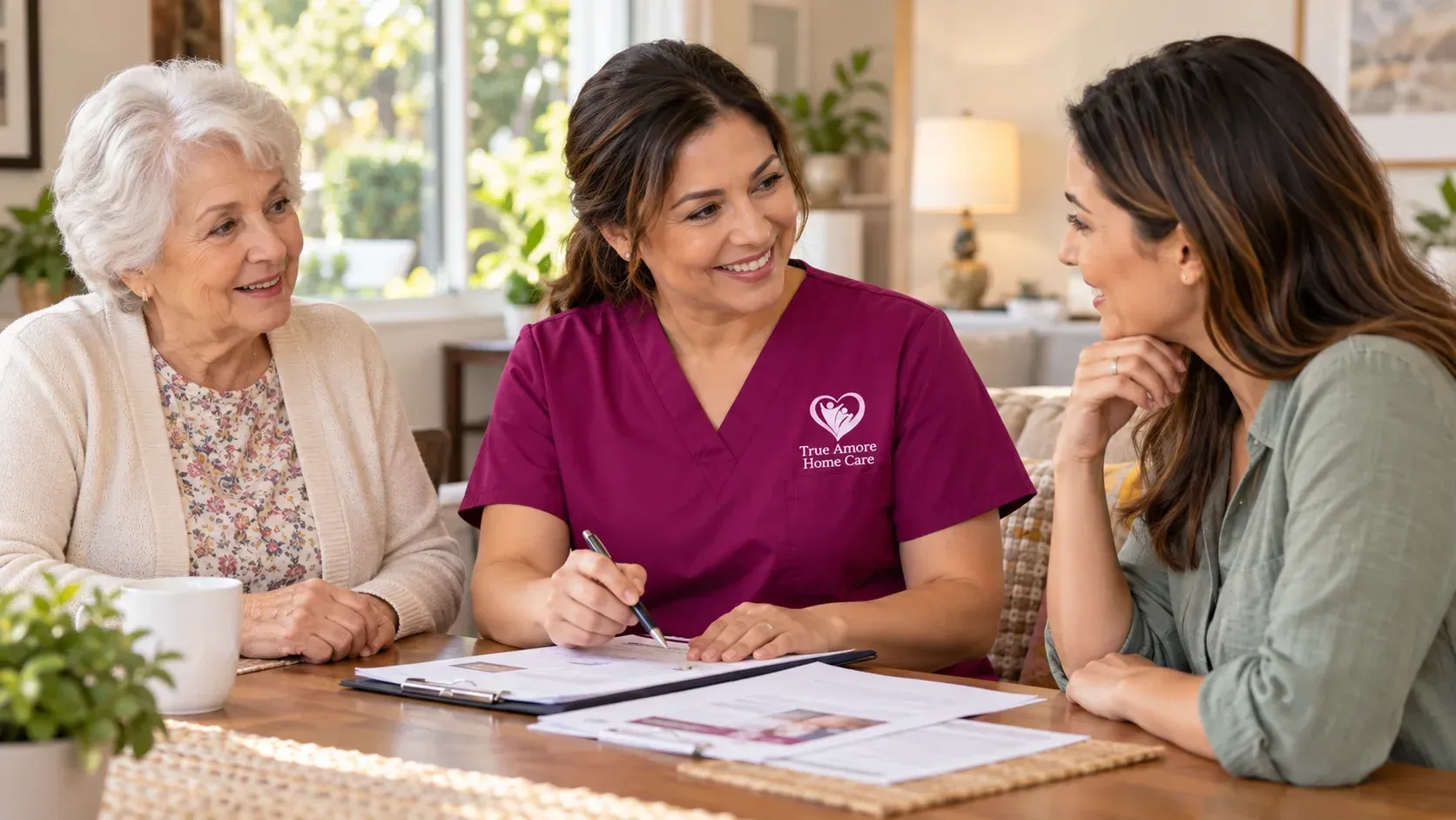 Caregiver planning the schedule of elderly person with her guardian