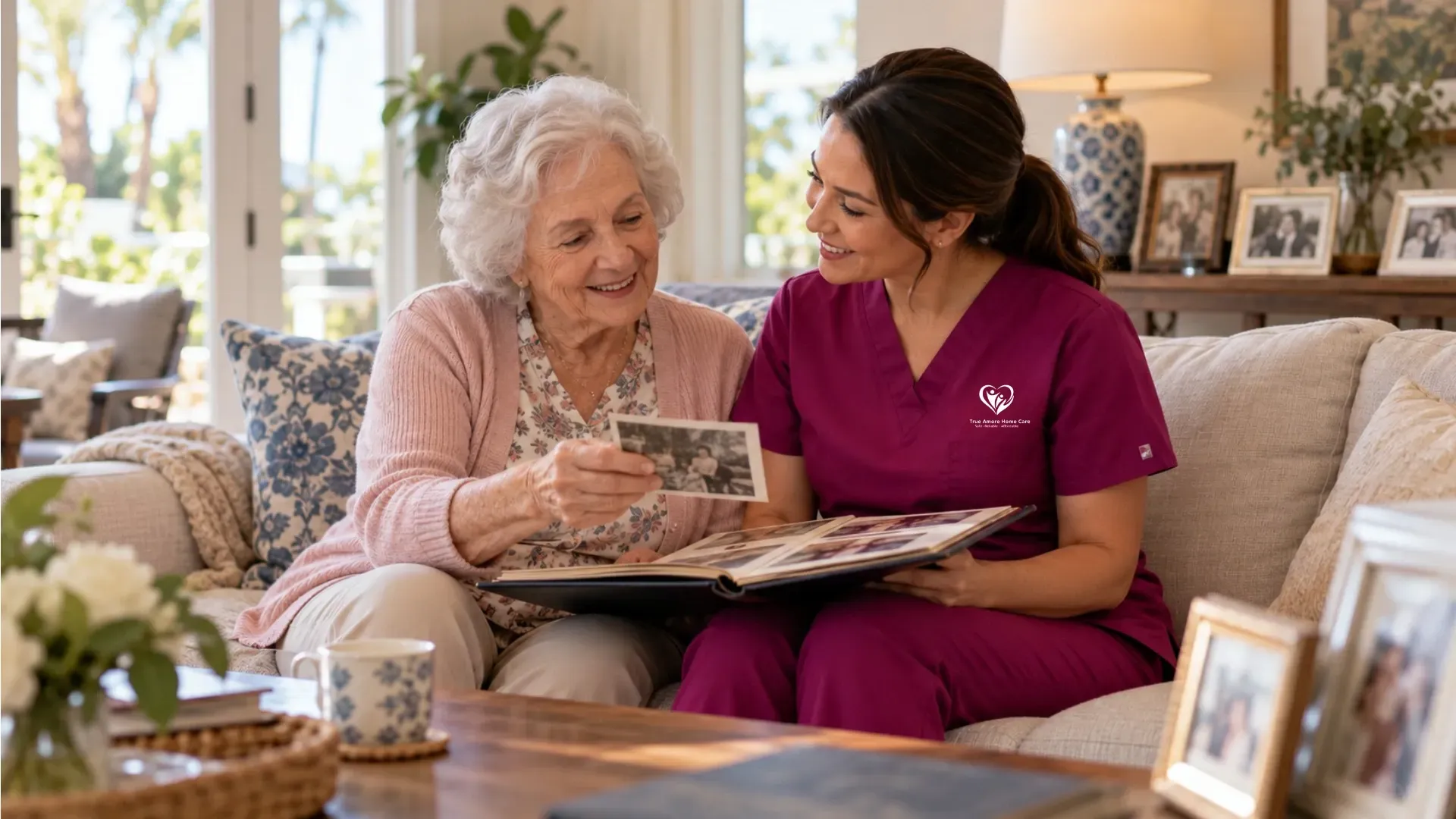 True Amore Home Care caregiver spending time with an older woman while looking through family photo albums