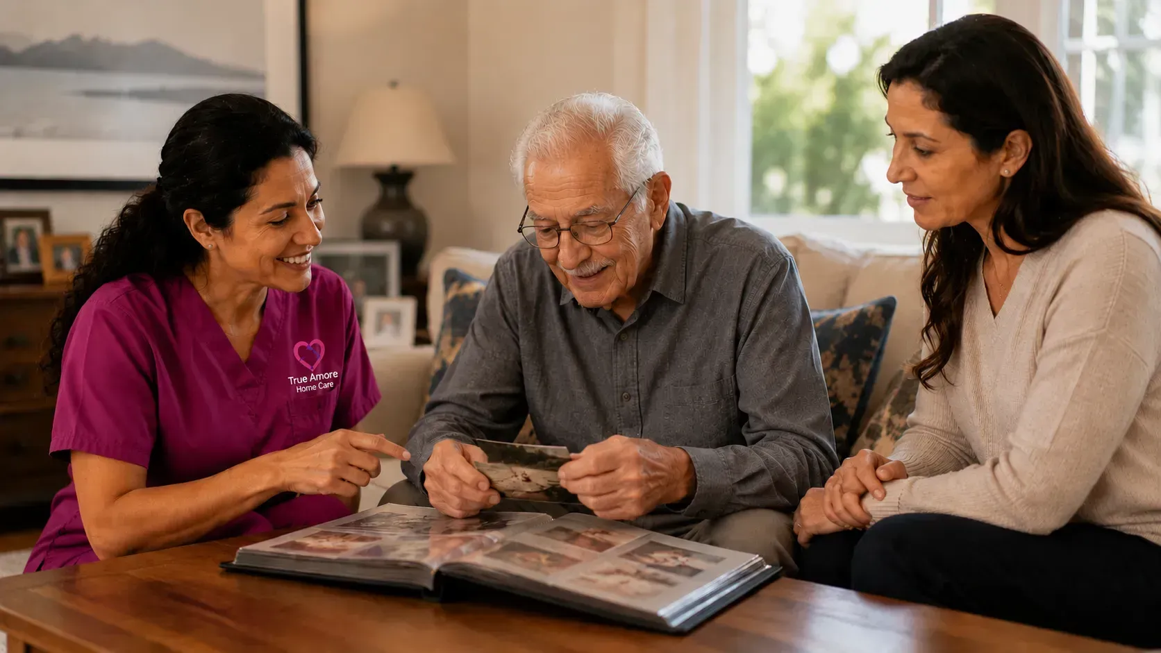 True Amore Home Care caregiver providing companionship and meaningful engagement to a senior in their Los Angeles home.