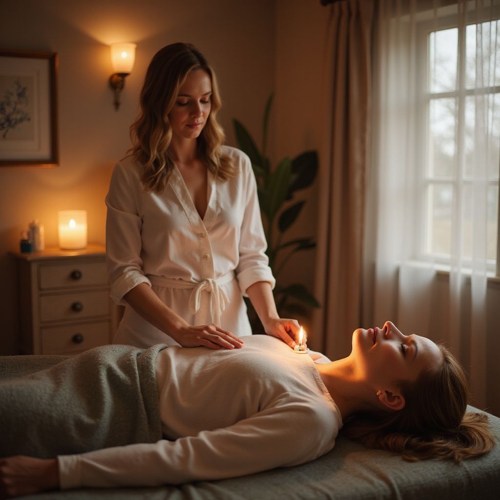 Woman receiving reiki from another woman, in a softly lit room.