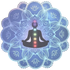 Silhouette meditating with chakra colors, set against a blue mandala.