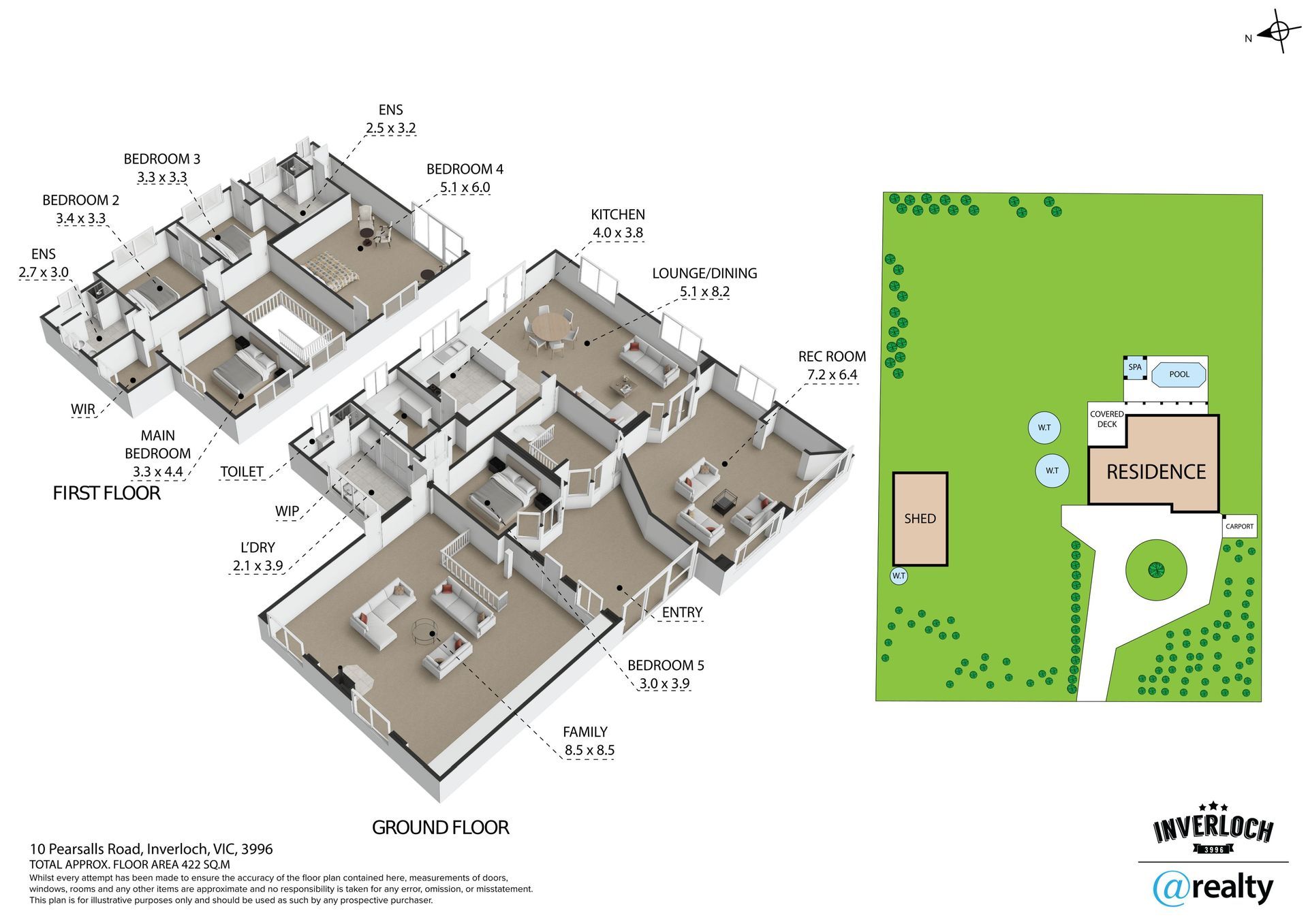 Floor plan of a house with two levels, and a property layout diagram in green.