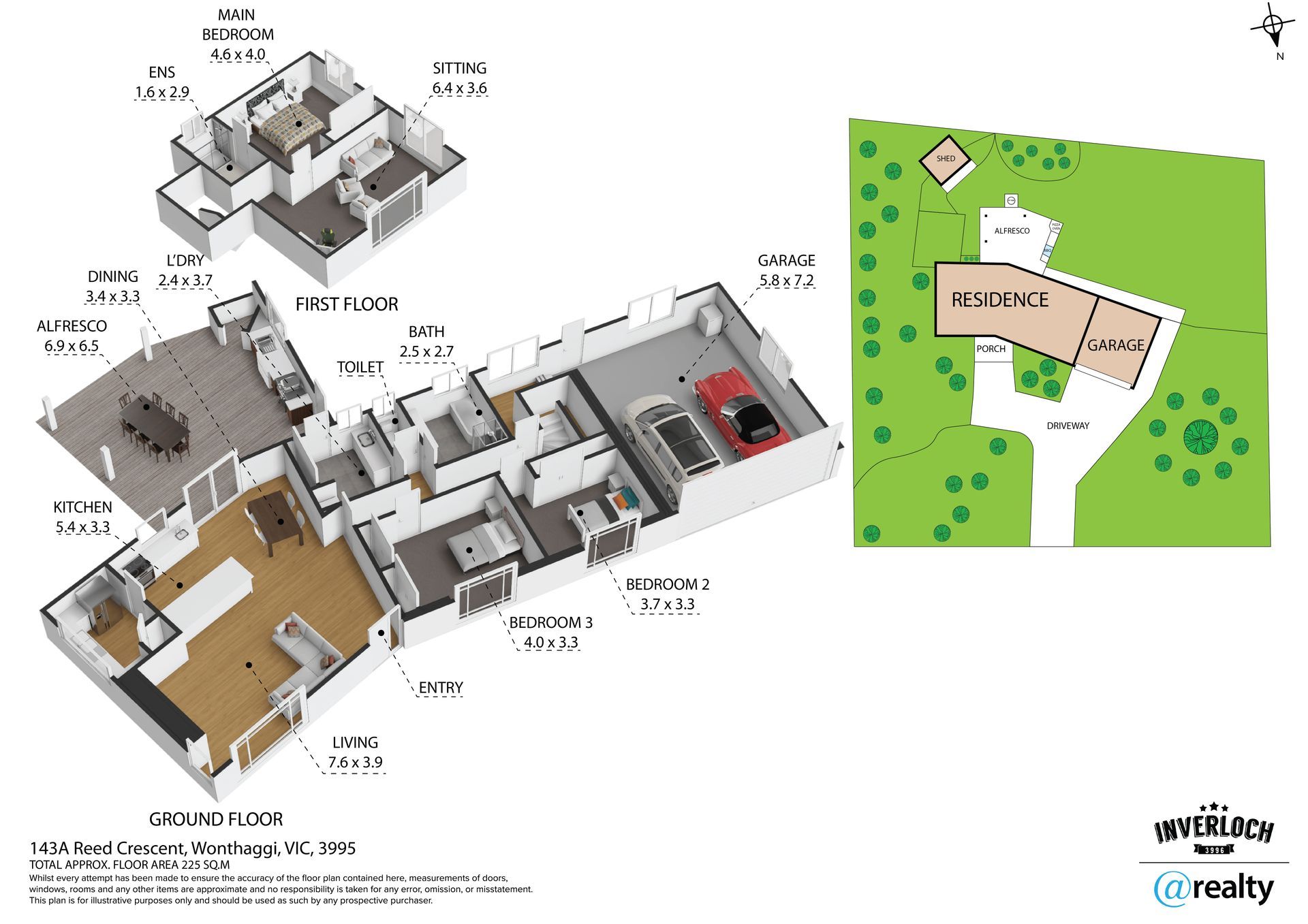 Floor plan and property layout; ground floor, upper floor, and property overview on a green background.