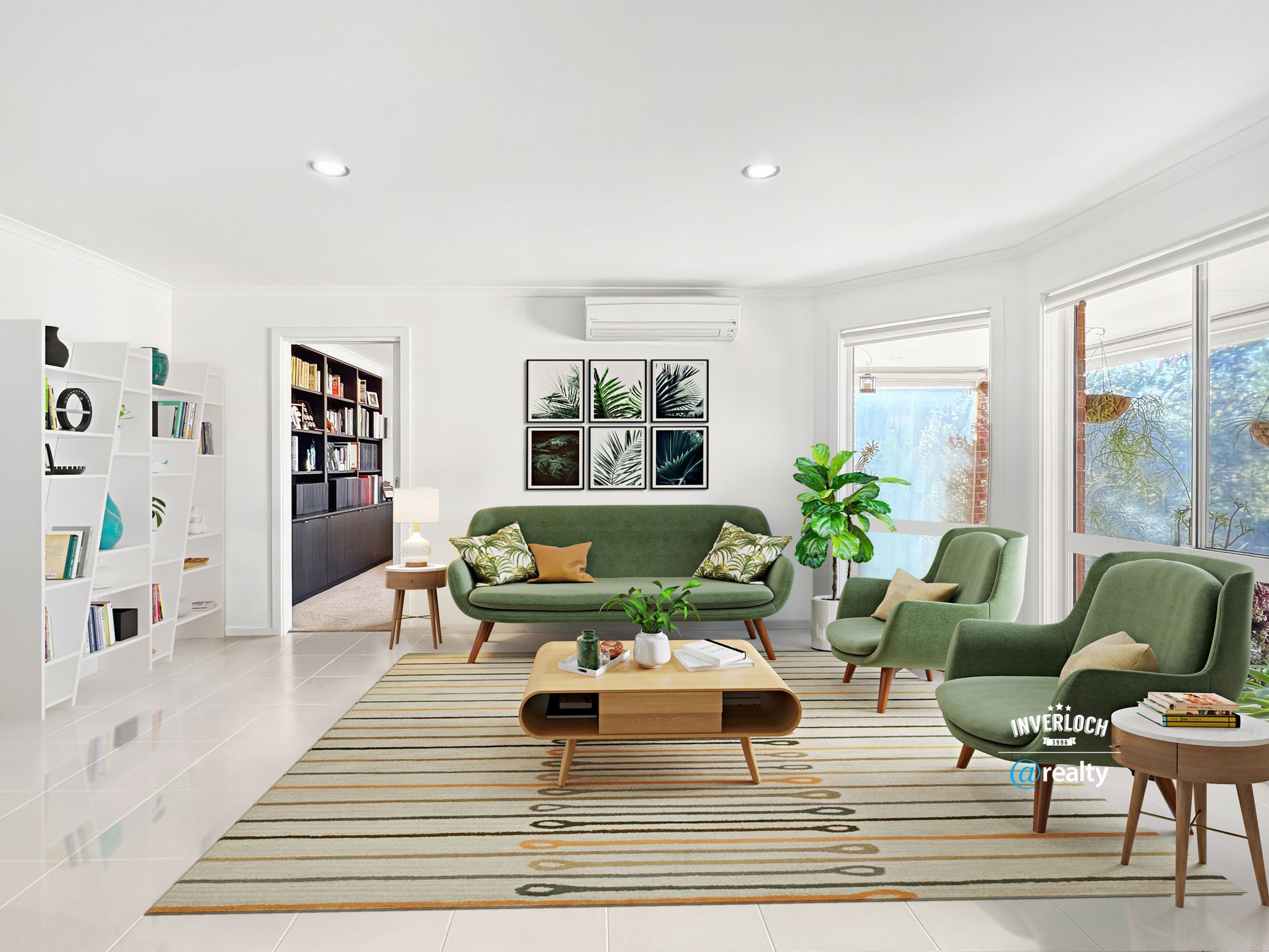 A living room with a green couch , green chairs , a coffee table and a rug.