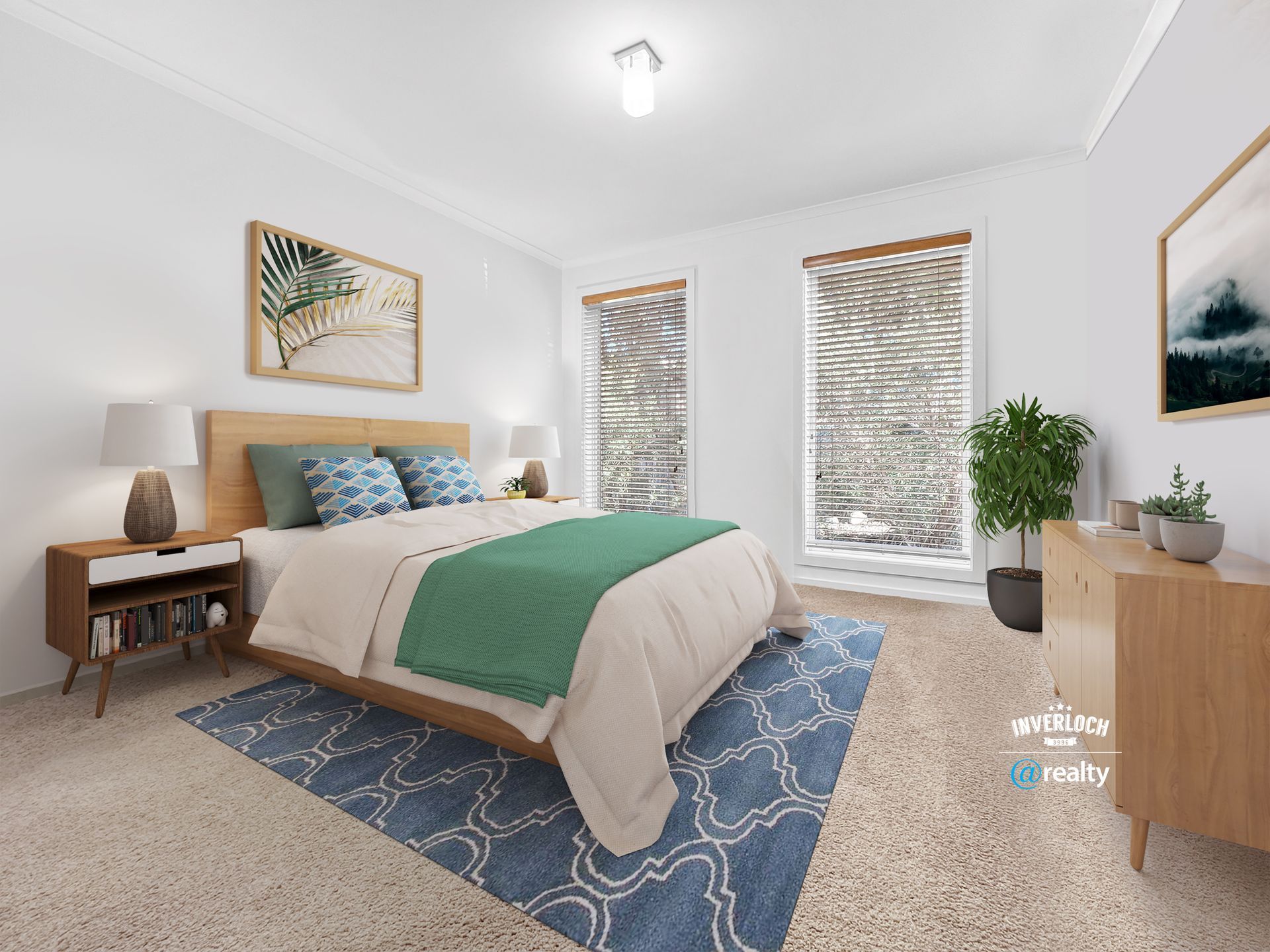 A bedroom with a bed , dresser , nightstand and rug.
