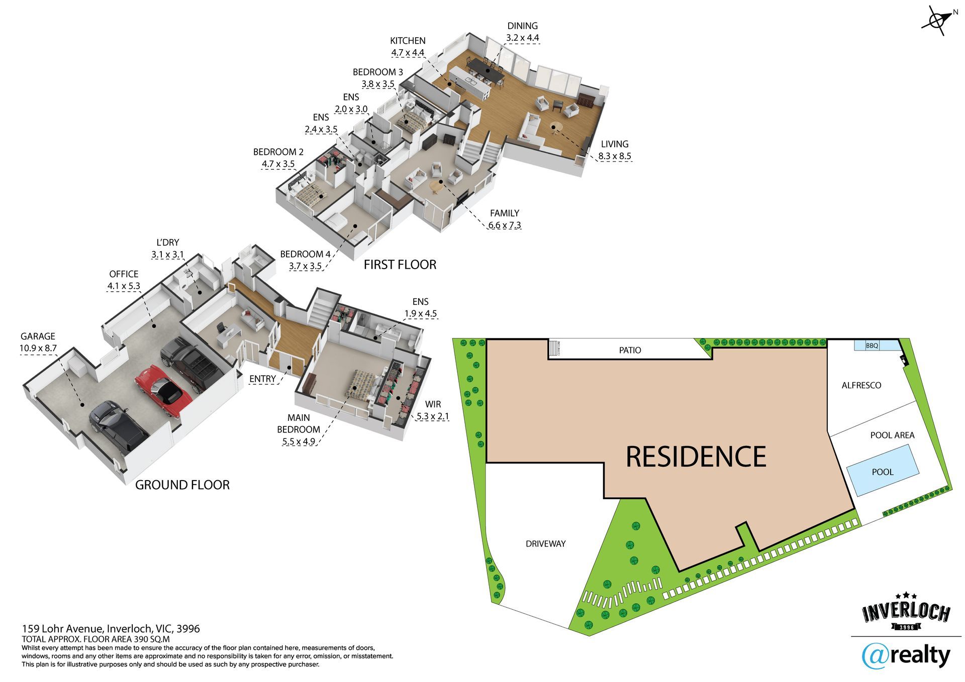 Floor plans and exterior view of a residence; multiple levels with labeled rooms and a grassy yard.