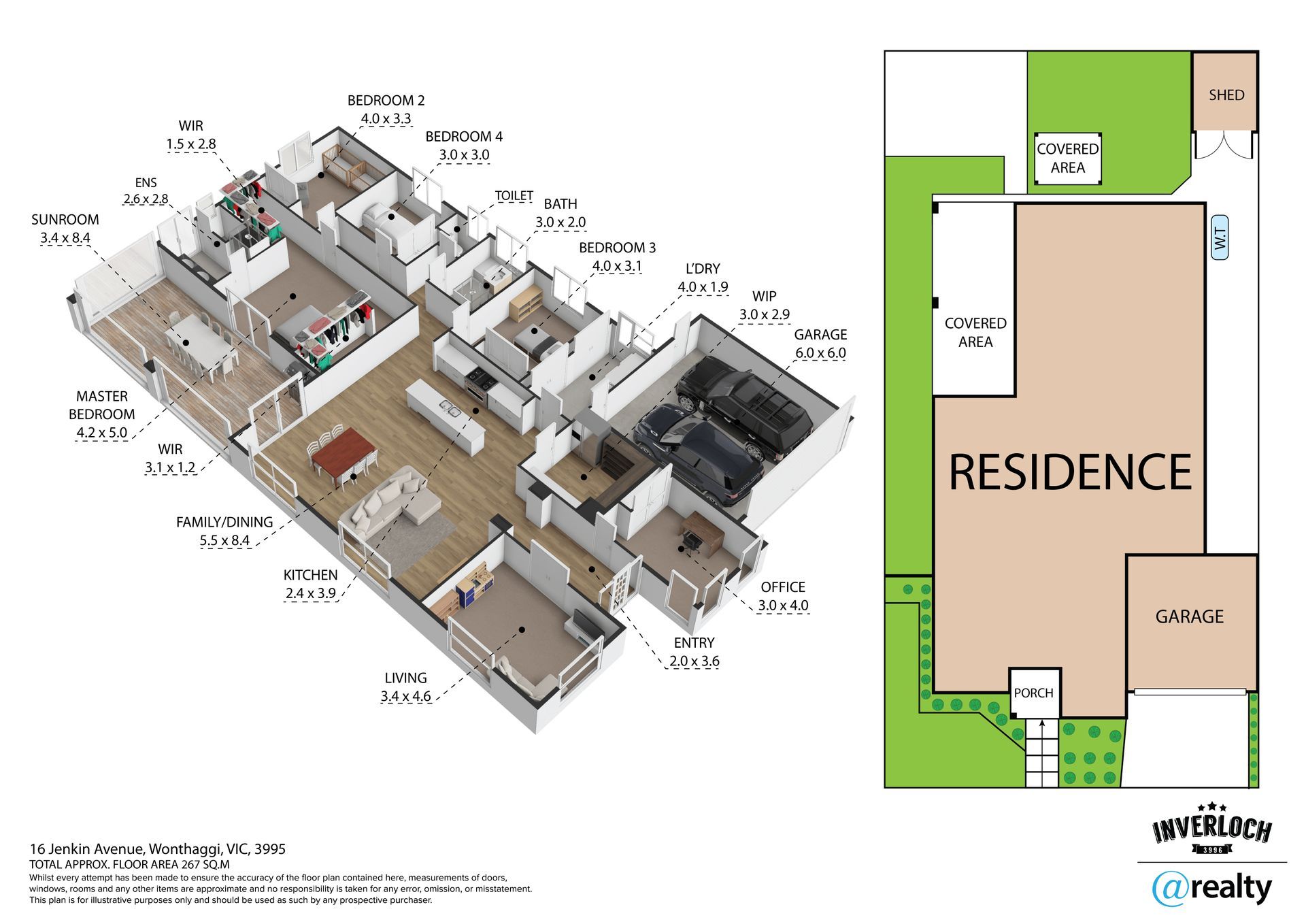 Isometric view and floor plan of a modern house, showing rooms, layout, and surrounding yard in multiple colors.