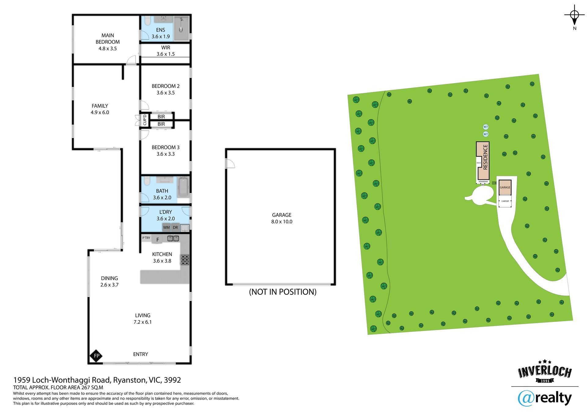 Floor plan with house layout and large yard, outlined in black and green, and a garage outlined in black.