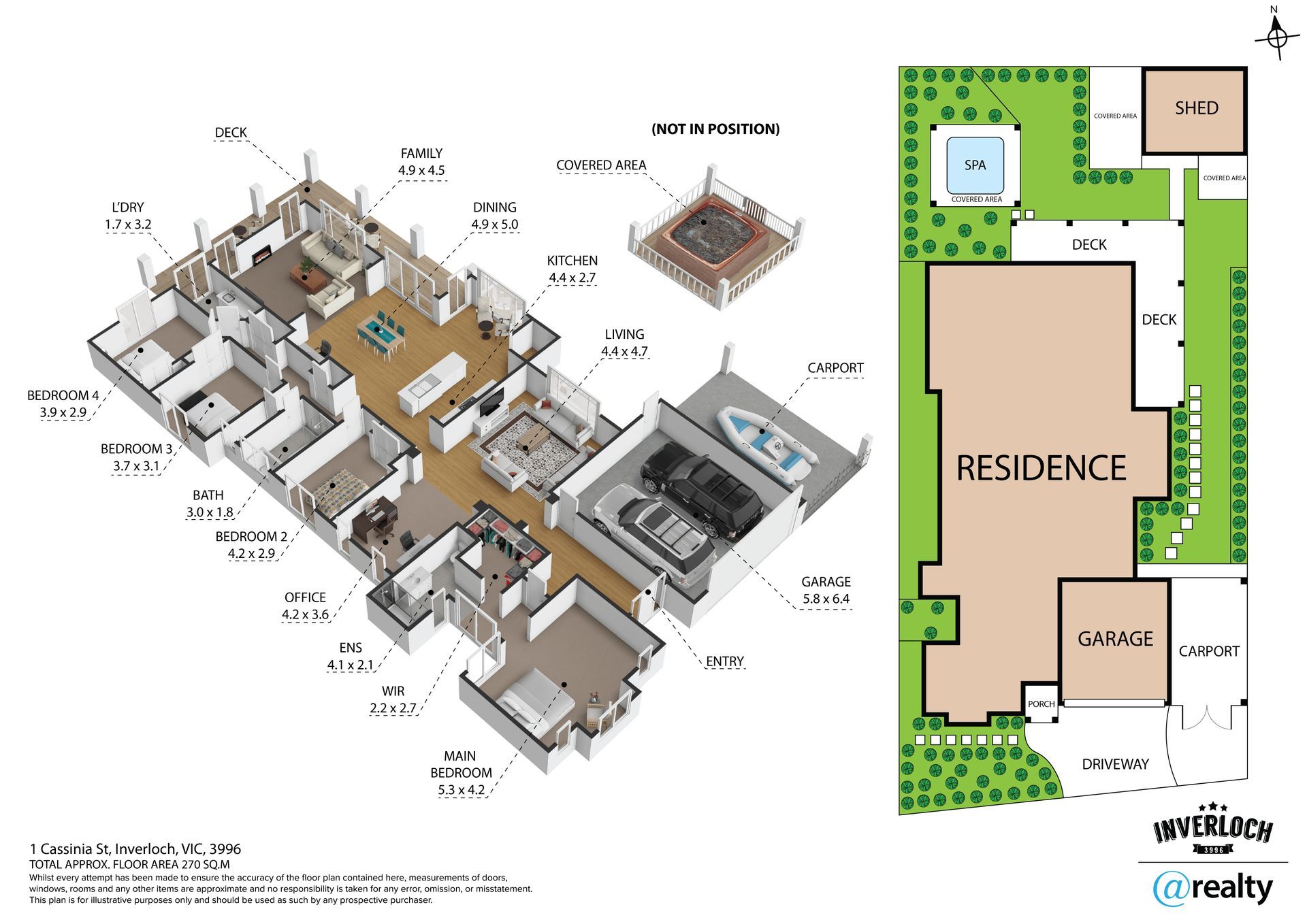 3D residential floor plan and site layout with beige house, green landscaping, and labeled rooms