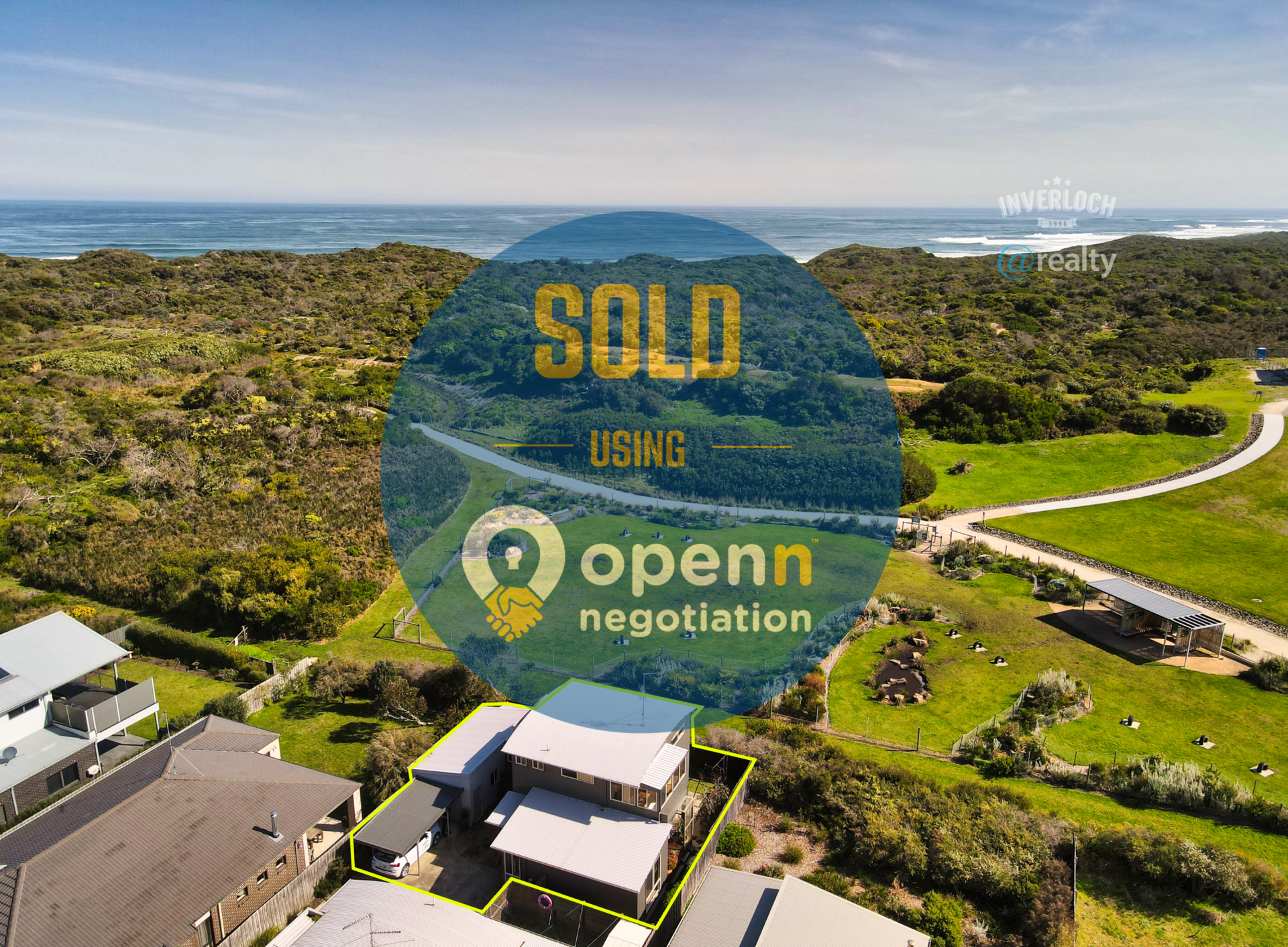 An aerial view of a house that has been sold using openn negotiation