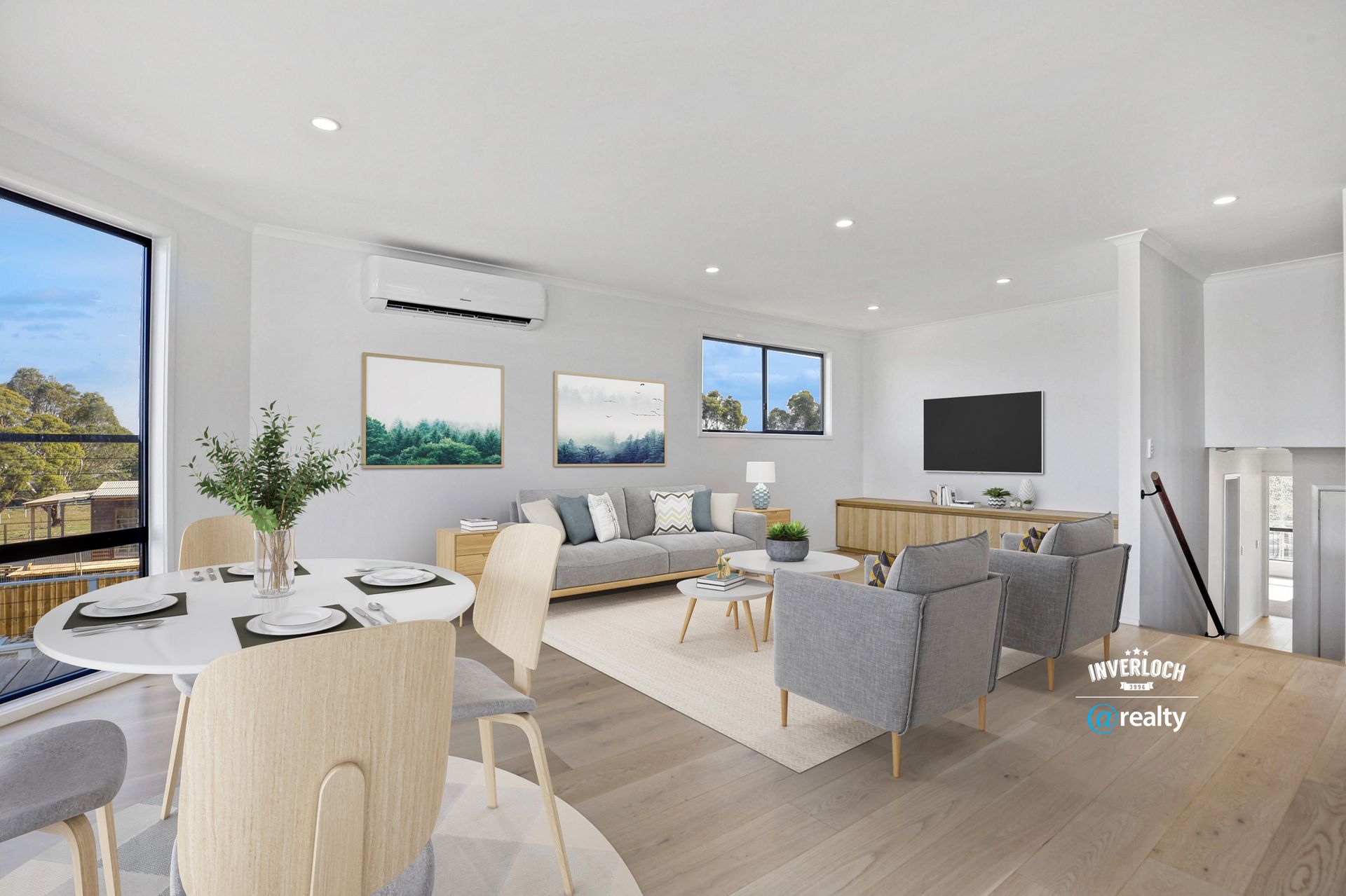 A living room with a couch , chairs , a table and a television.