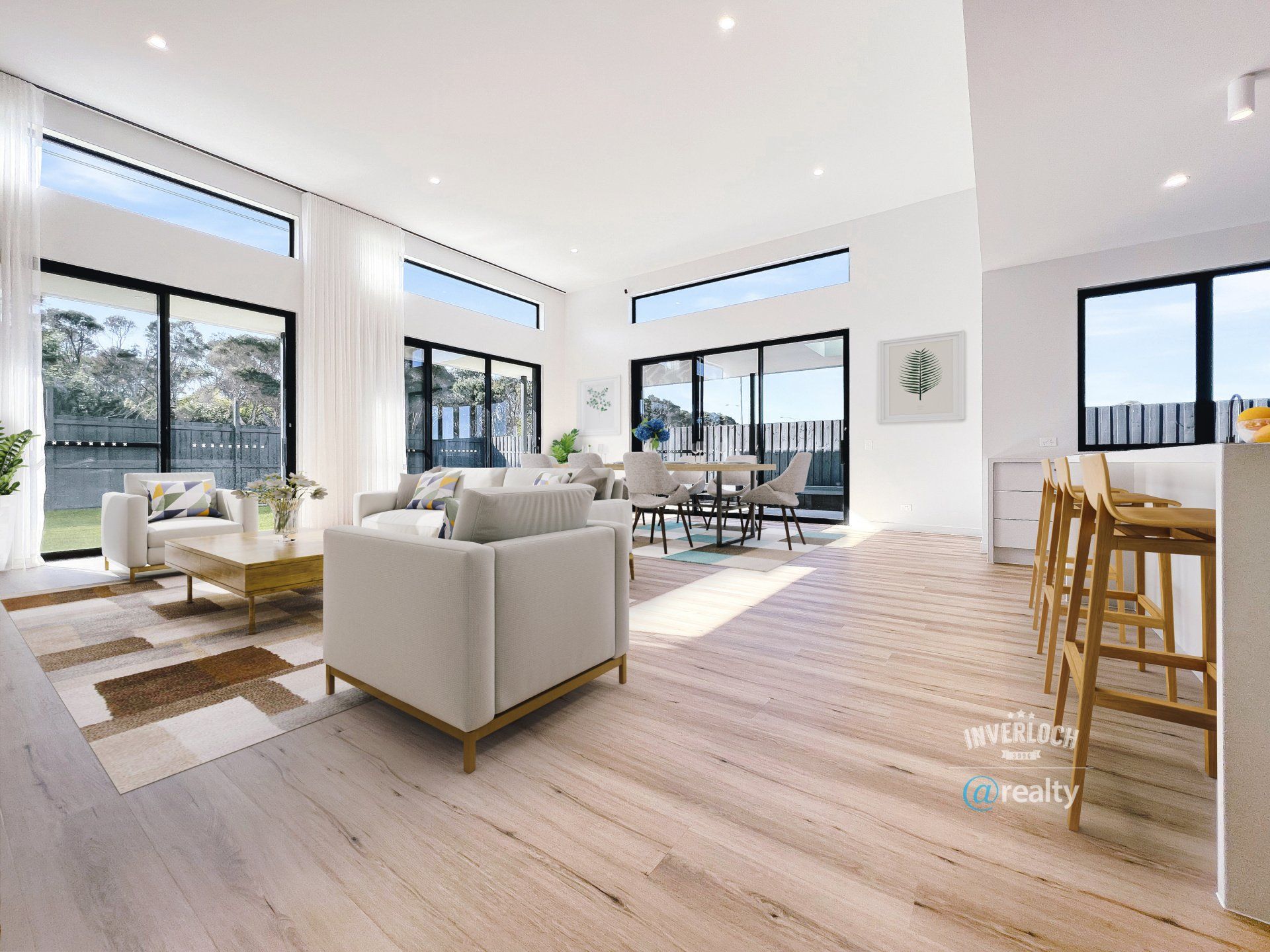 An artist 's impression of a living room and dining room in a house.