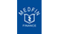 A blue ribbon with a white logo on it on a white background.