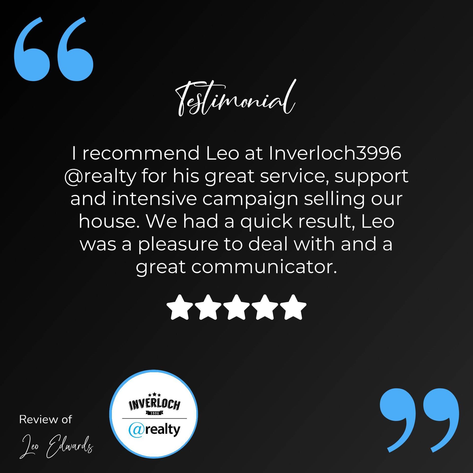 A testimonial from leo at inverloch 3966 @ realty for his great service , support and intensive campaign selling our house.