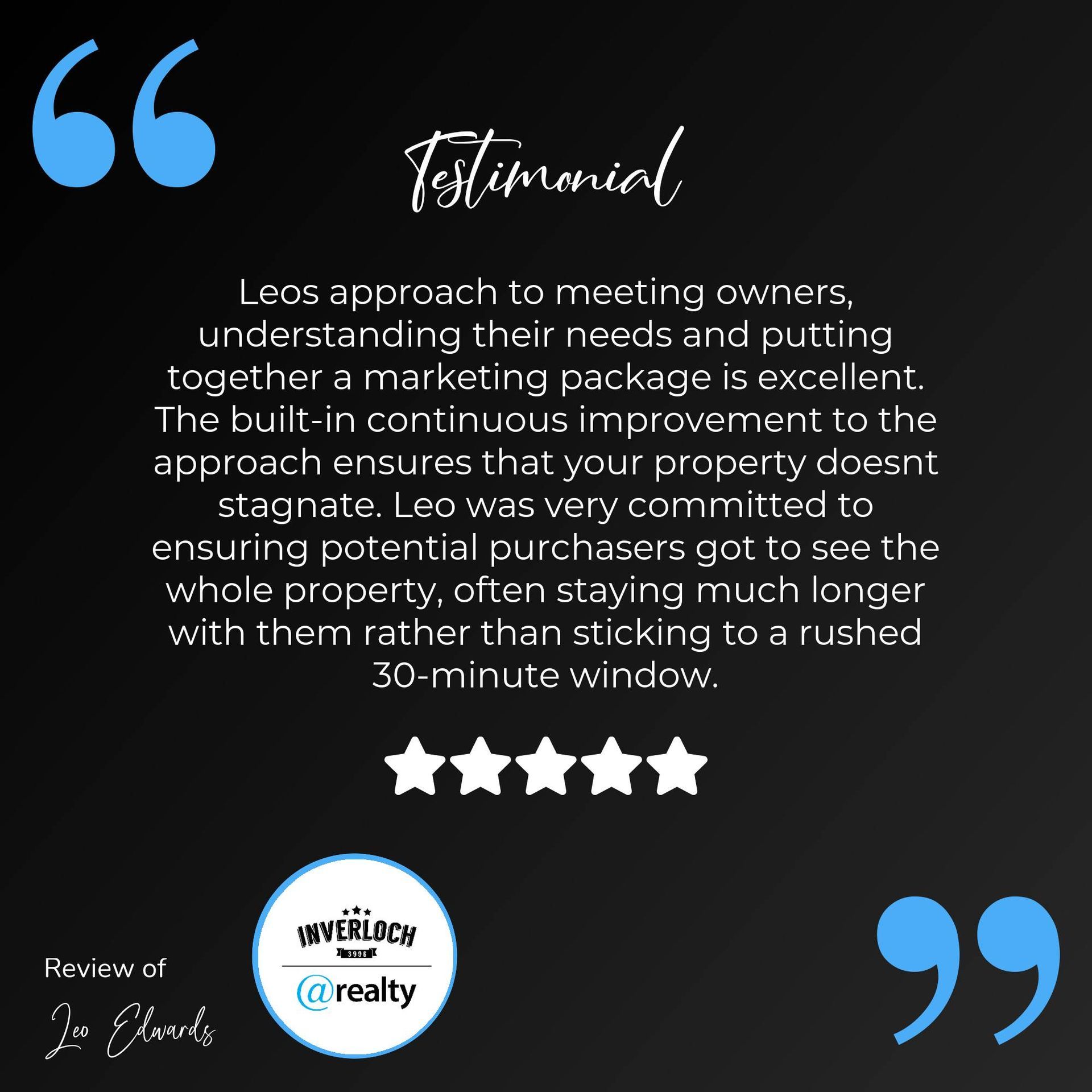 A testimonial from a real estate agent is written on a black background.