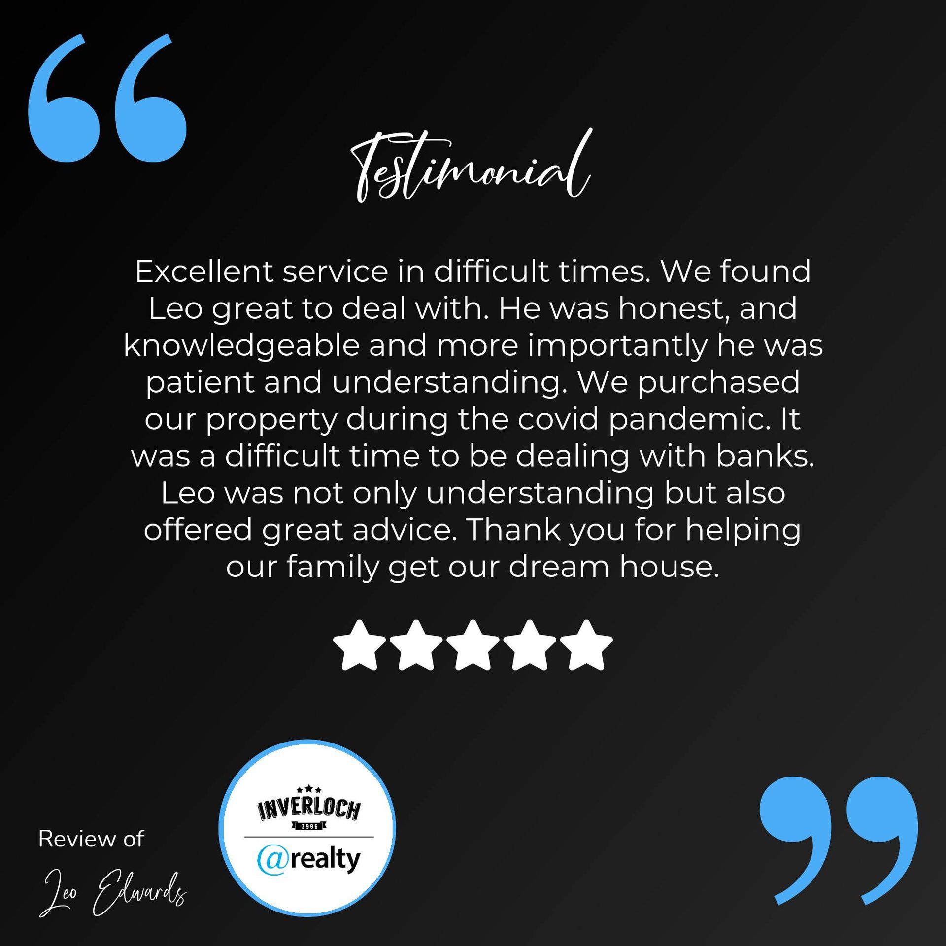 A testimonial from a customer of a real estate agent.