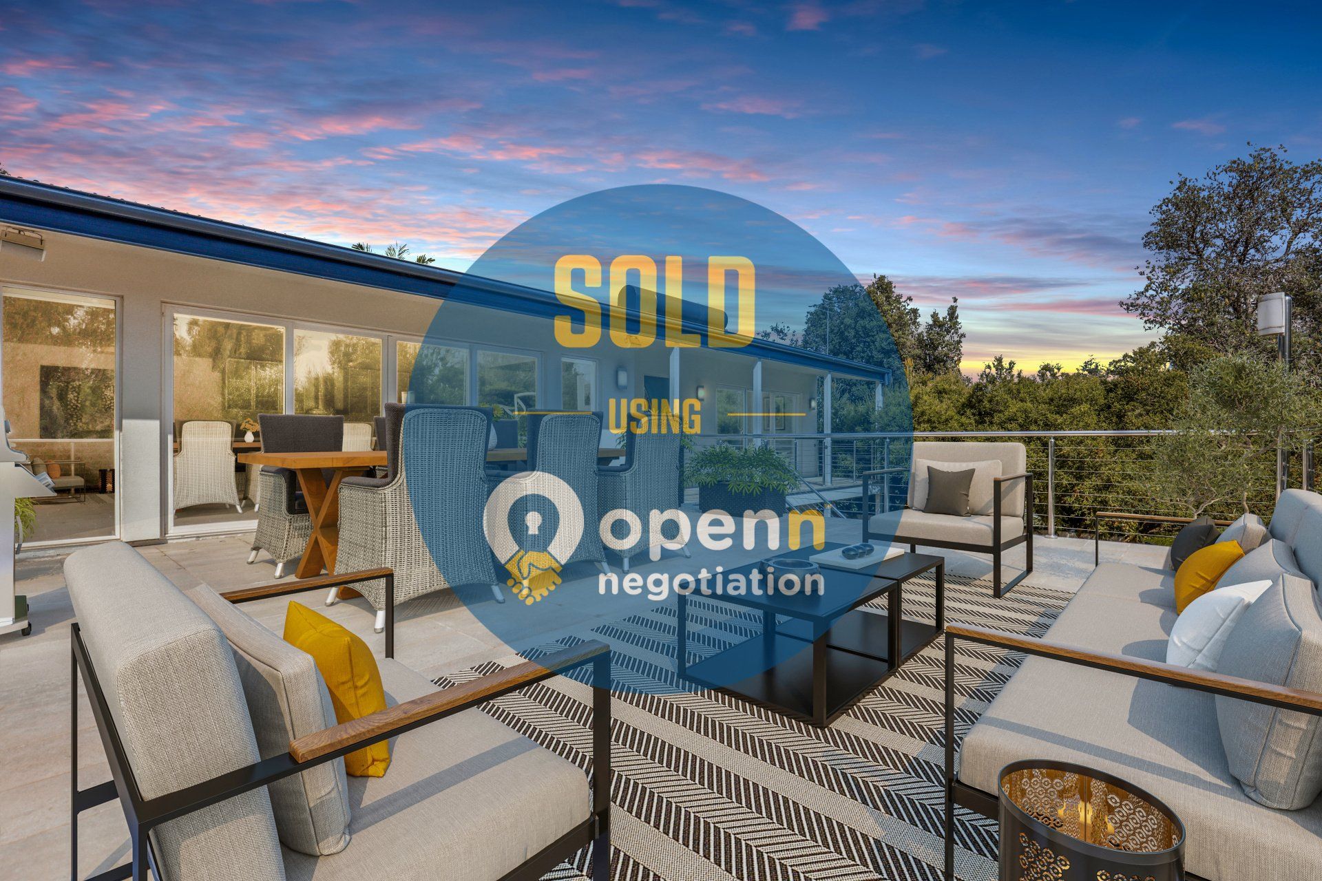 A patio with furniture and a sign that says sold.