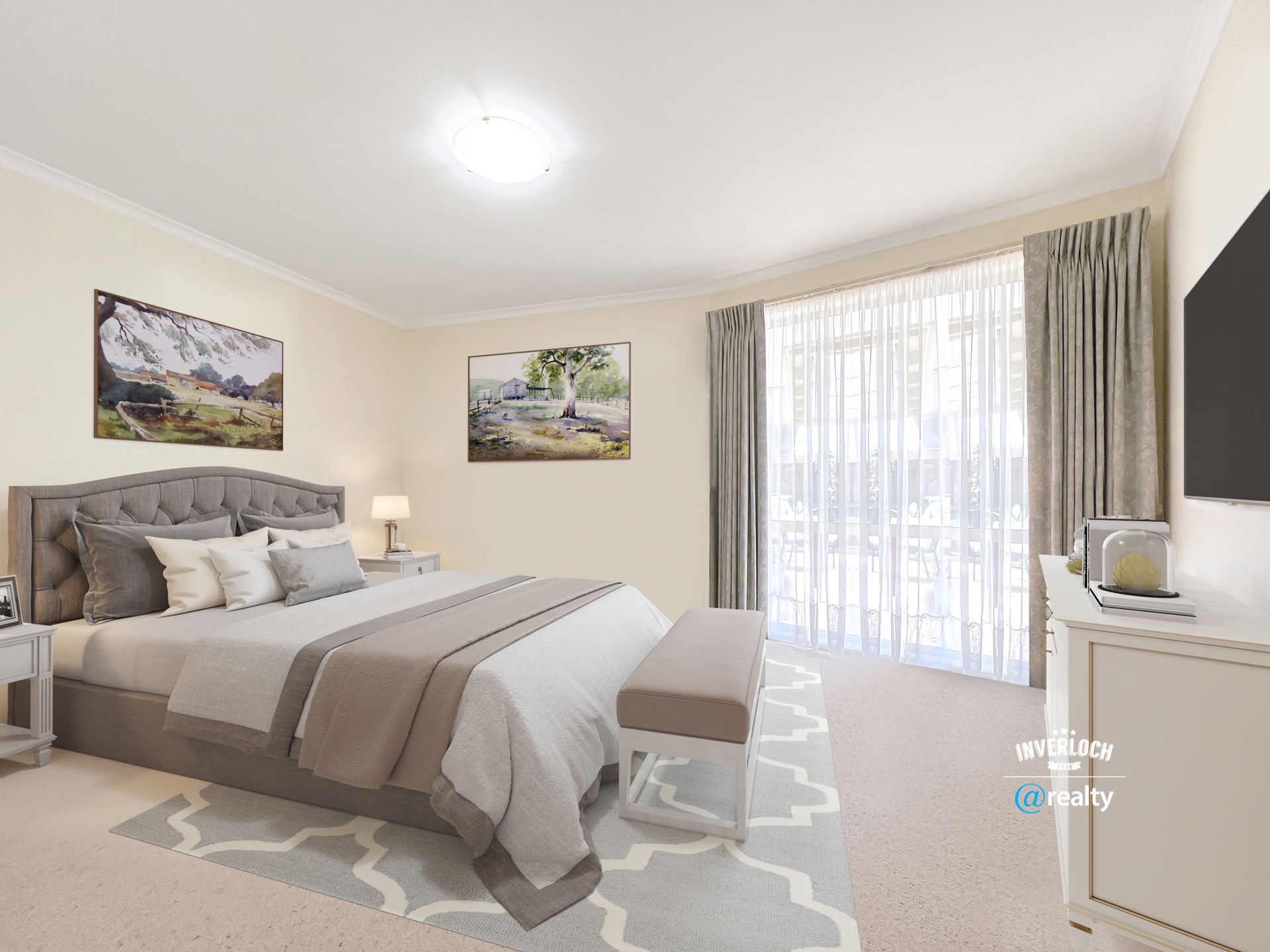 A bedroom with a large bed , television , nightstand and sliding glass doors.
