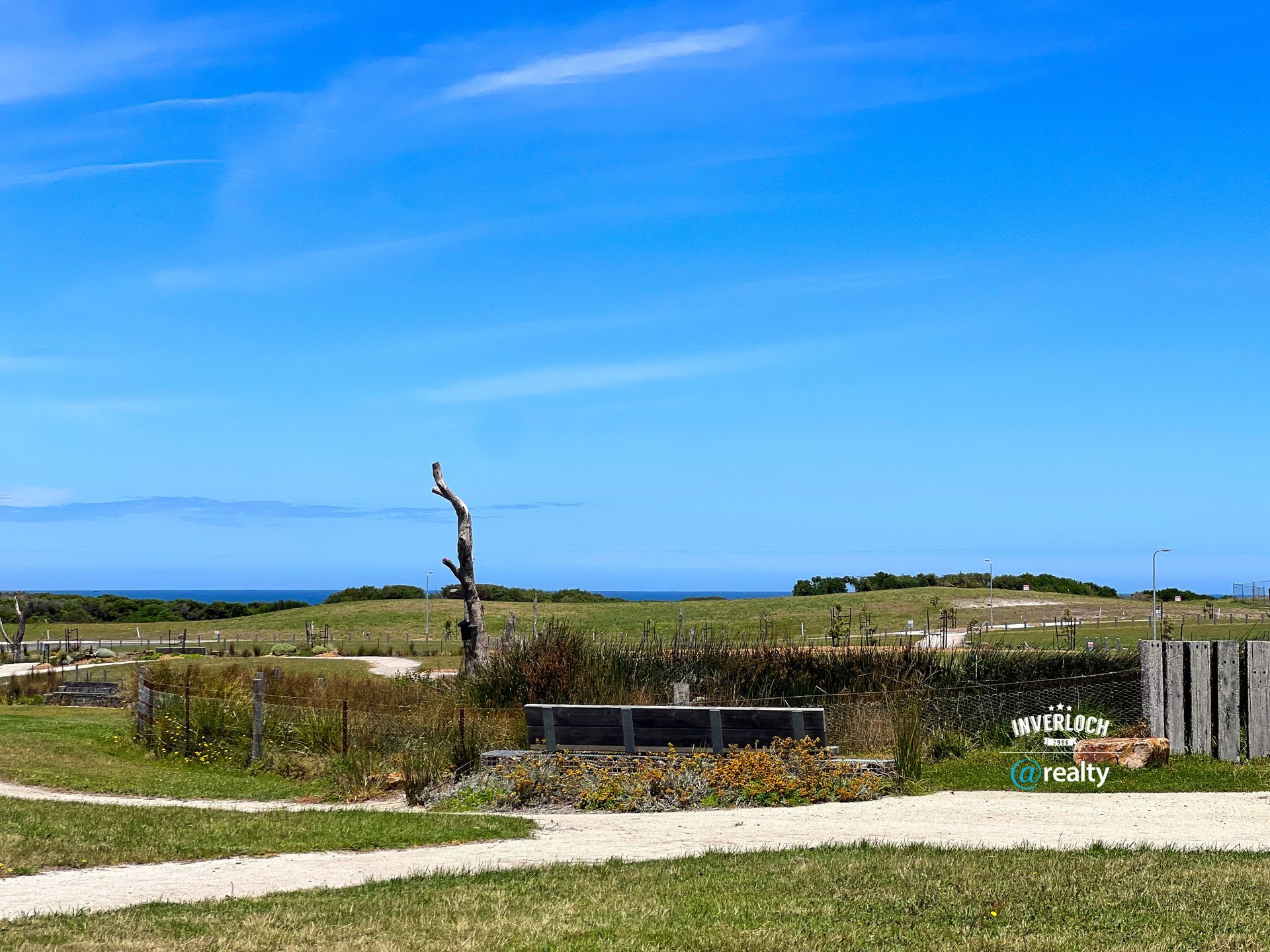 A grassy field with a path leading to the ocean on a sunny day.