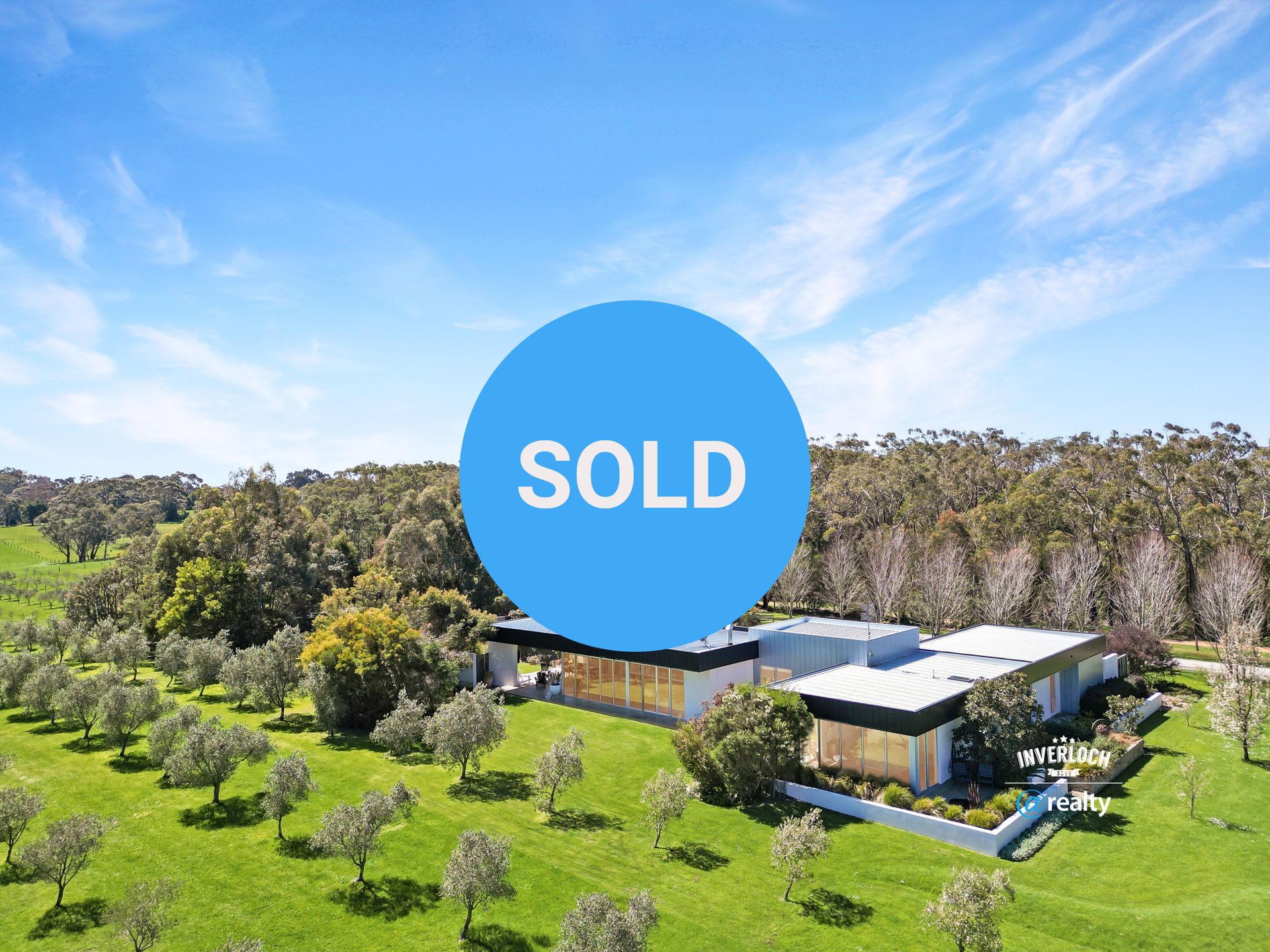 Modern house on green land with olive trees, forest in the background, blue sky.