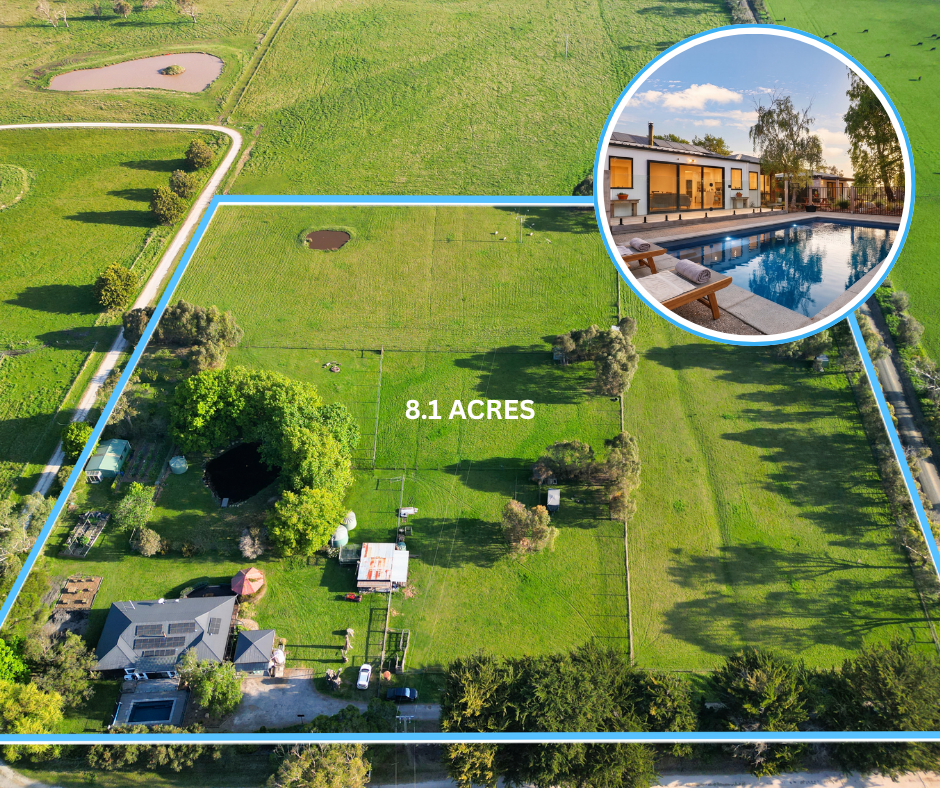 Aerial view of an 8.1-acre green property with a house, trees, and inset of a modern poolside home