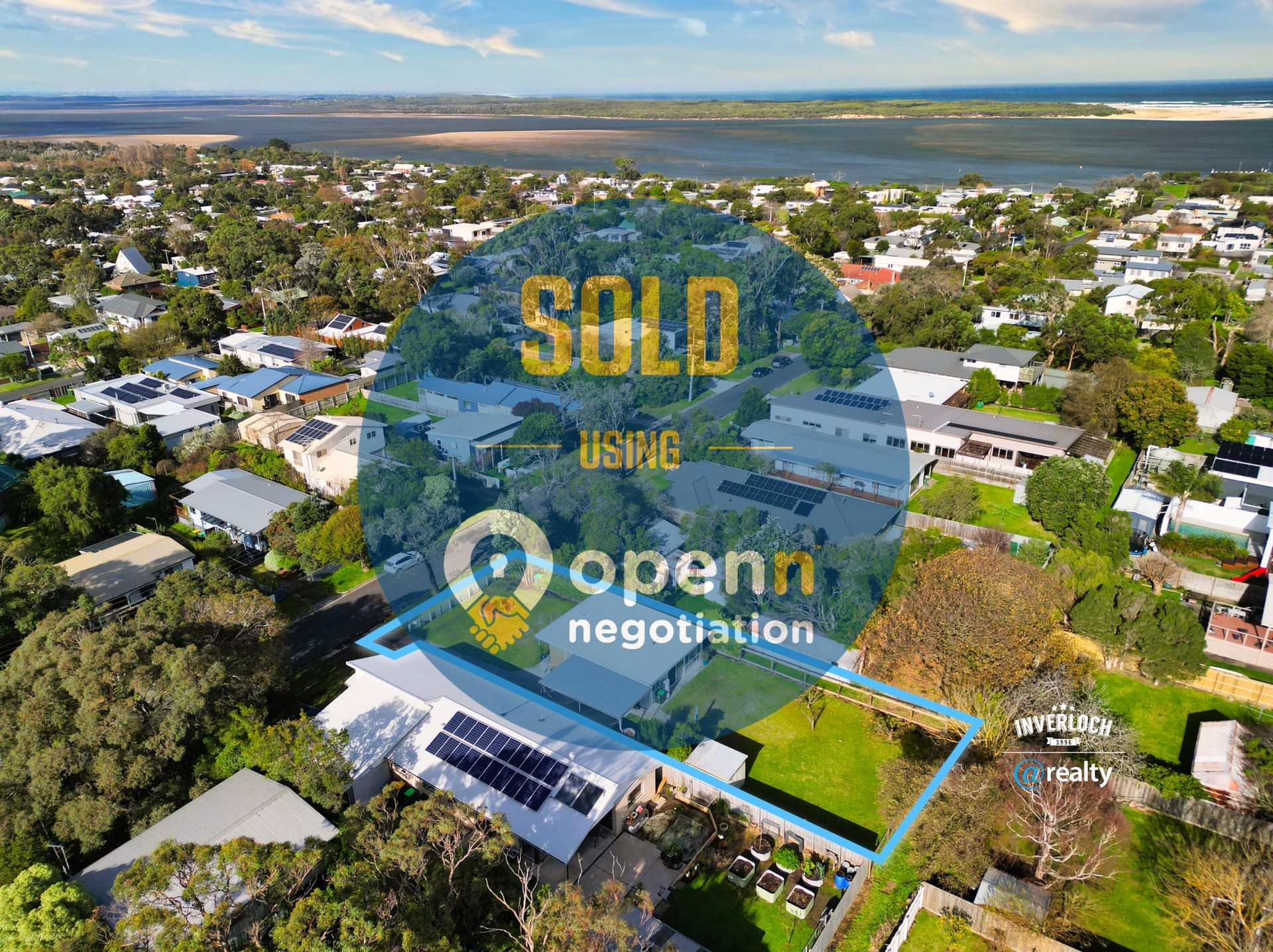 An aerial view of a house that has been sold