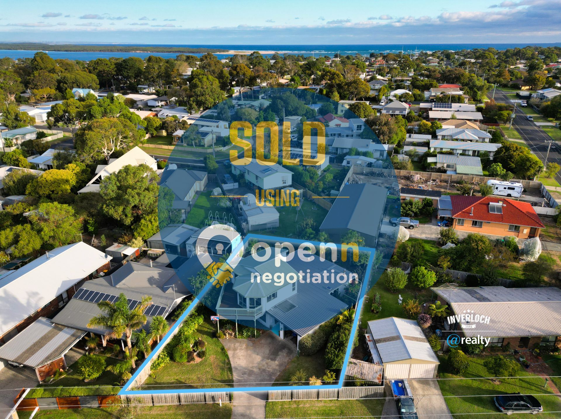 An aerial view of a house that has been sold.