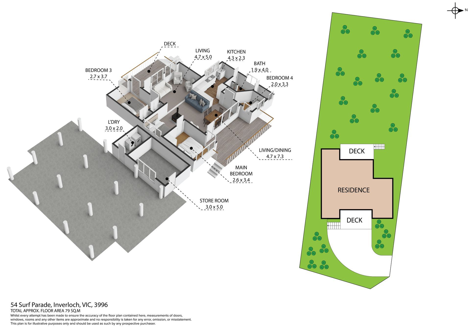Floor plan of beachfront Inverloch property showing mid-century layout