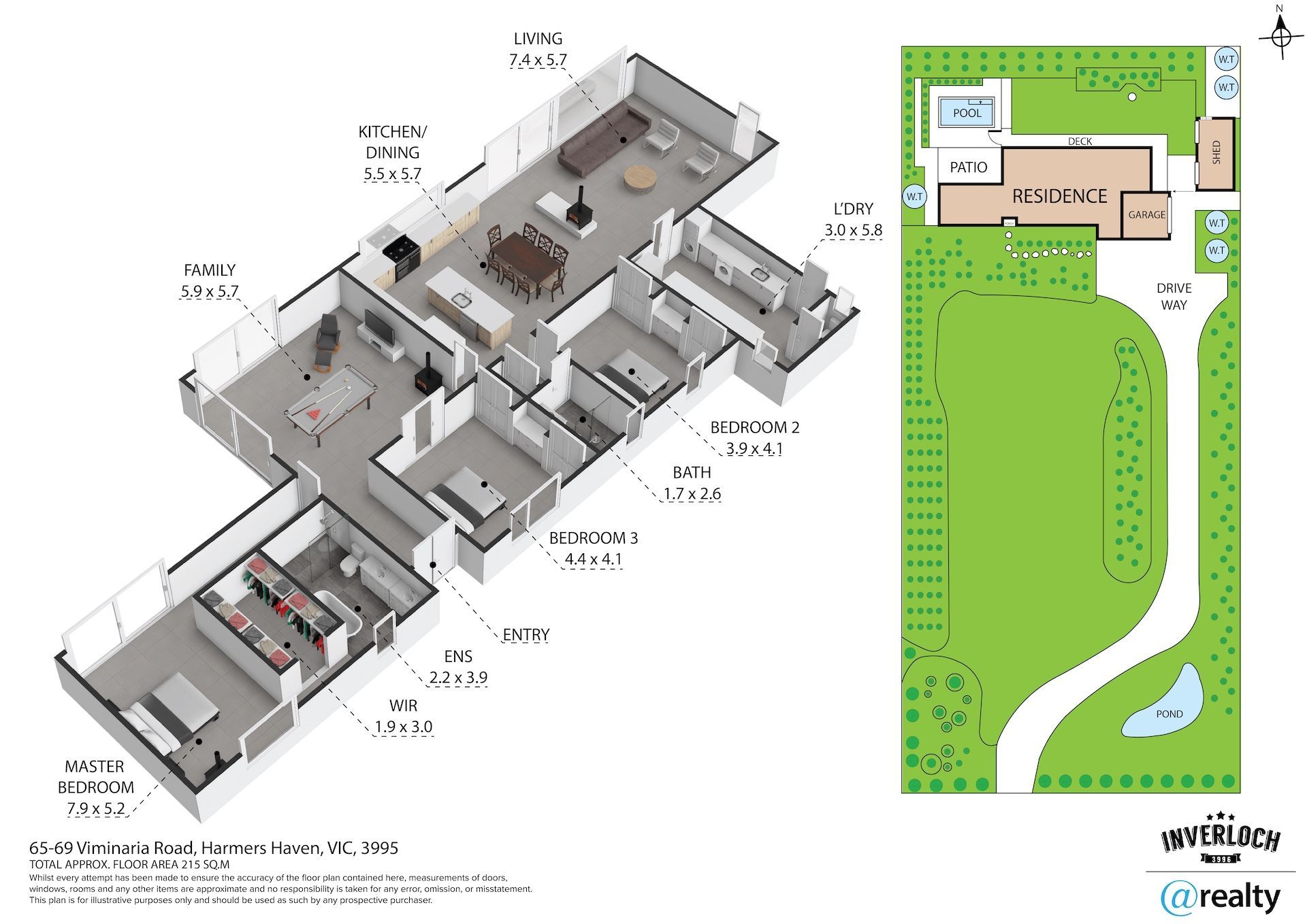 Floor plan of a house with living spaces, bedrooms, and a surrounding yard.