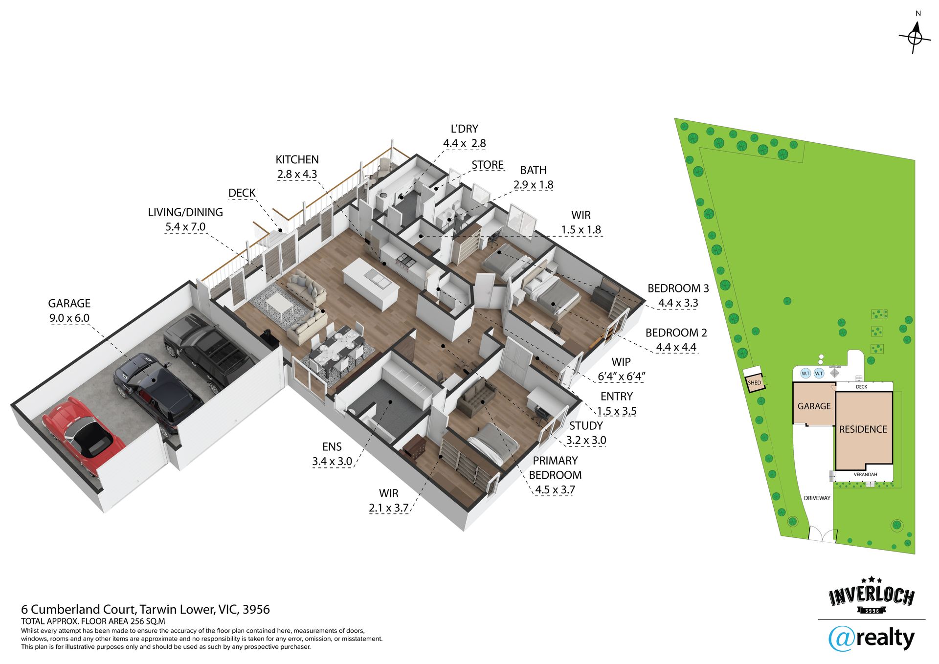 3D floor plan of a house with labels for rooms, garage, and backyard.
