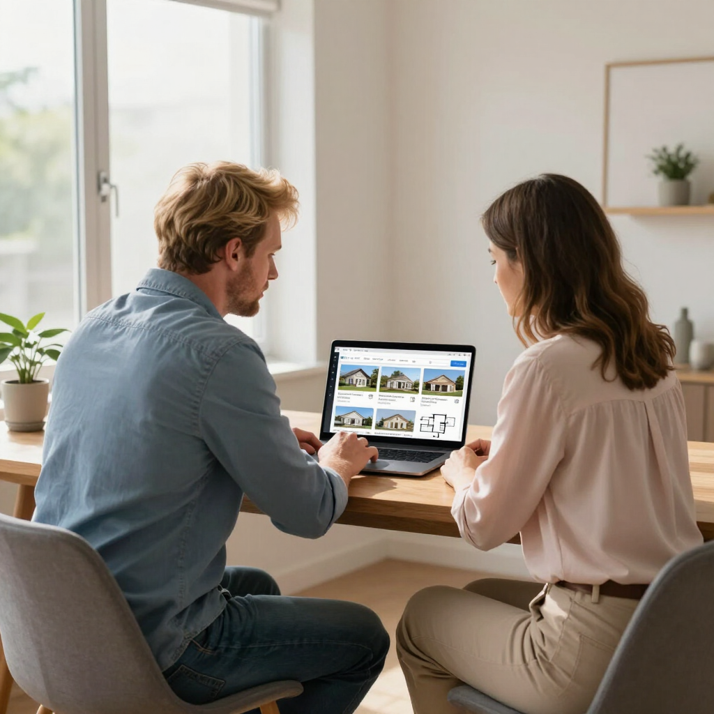 Two people reviewing a laptop together at a bright desk by a window