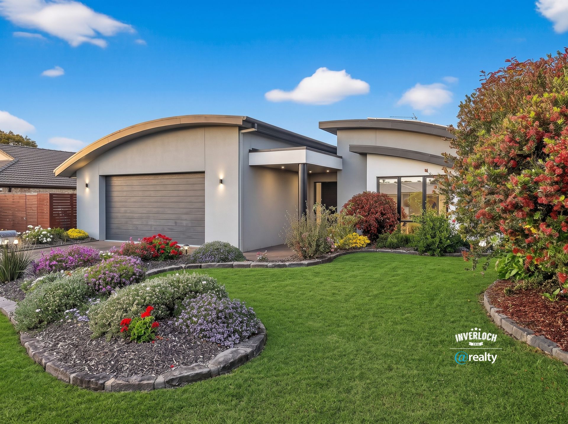 Modern single-story house with a curved driveway, manicured lawn, and colorful garden beds