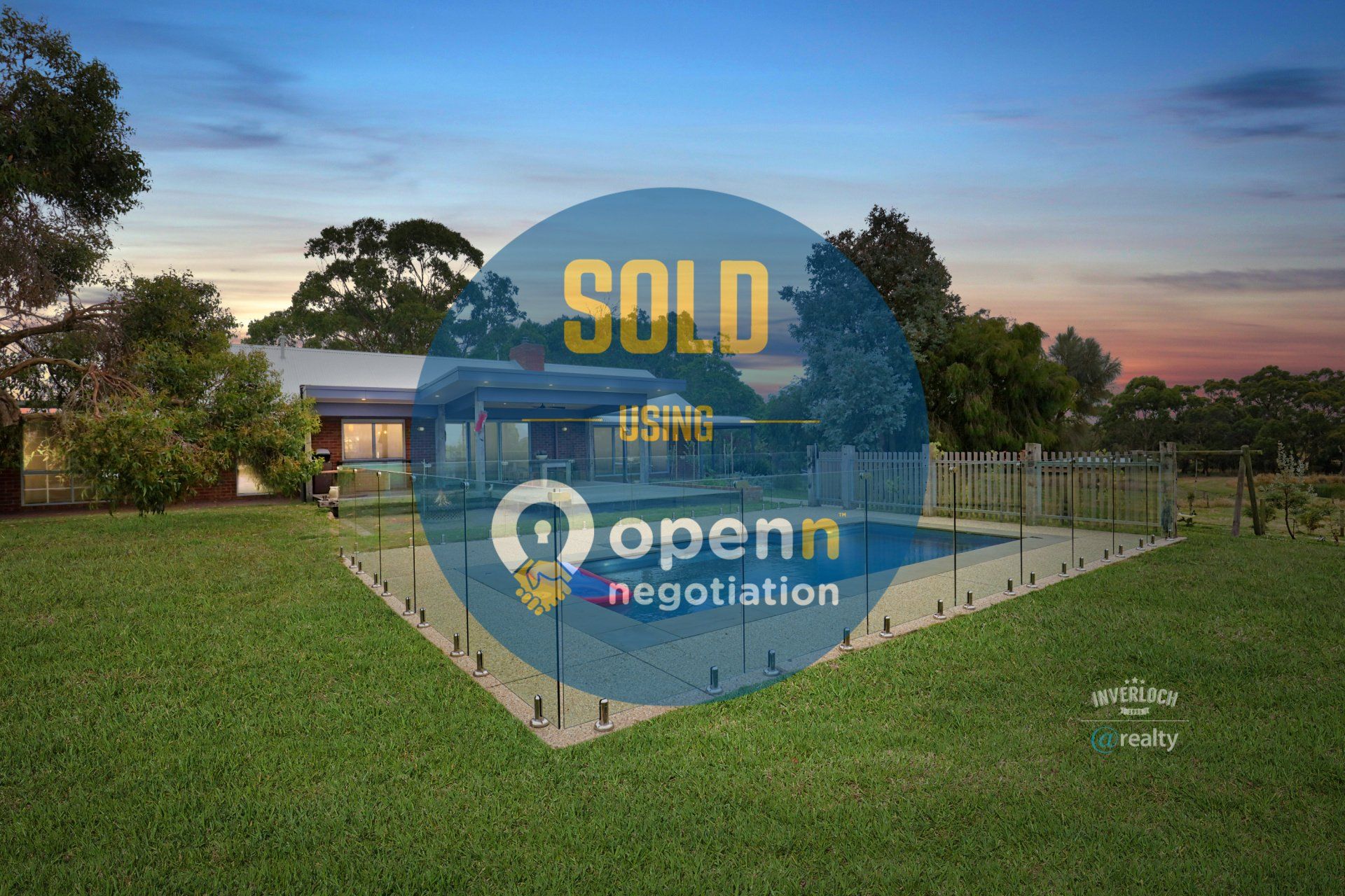 An artist 's impression of a house with a pool and a sold sign.