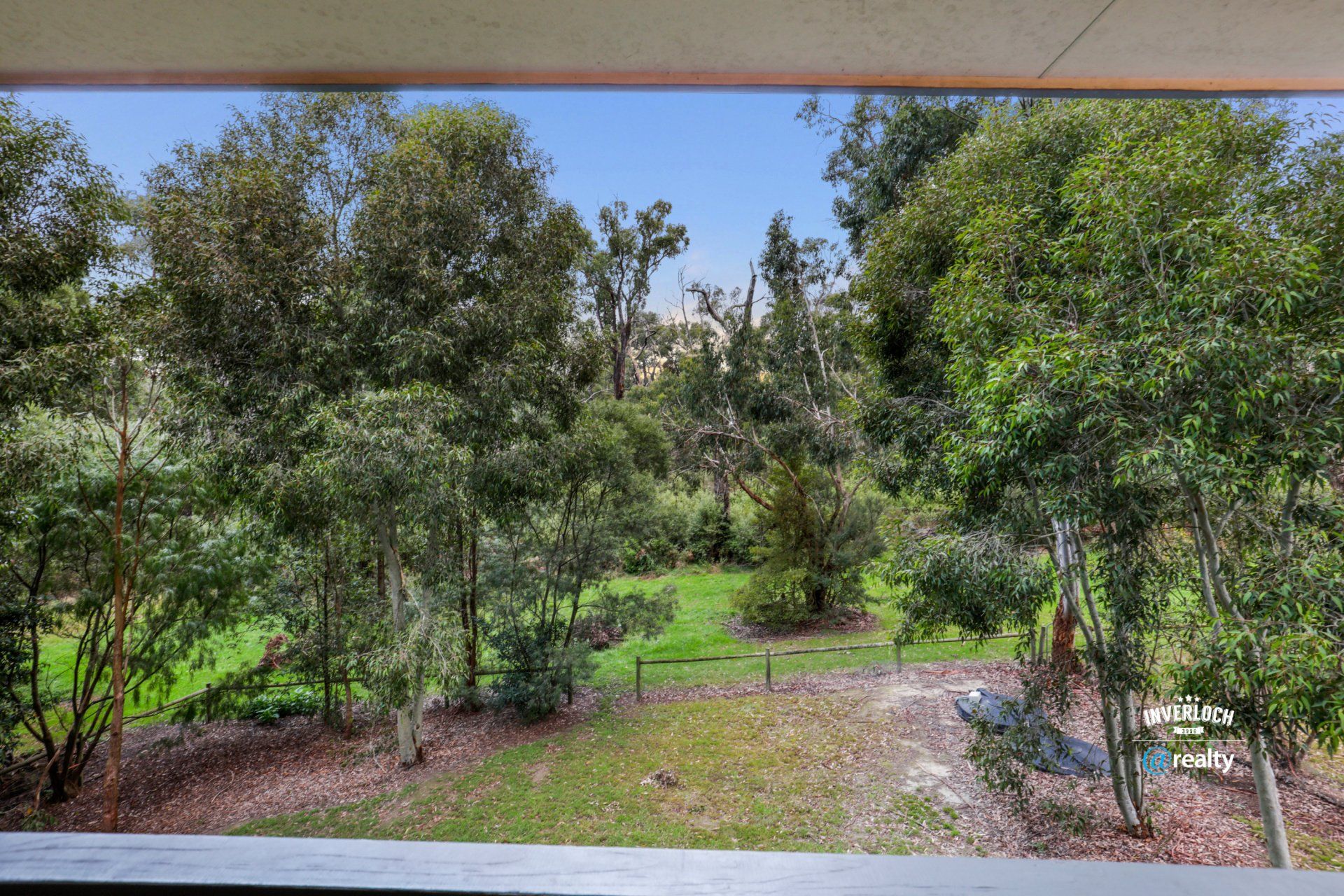 A view of a lush green forest from a balcony.