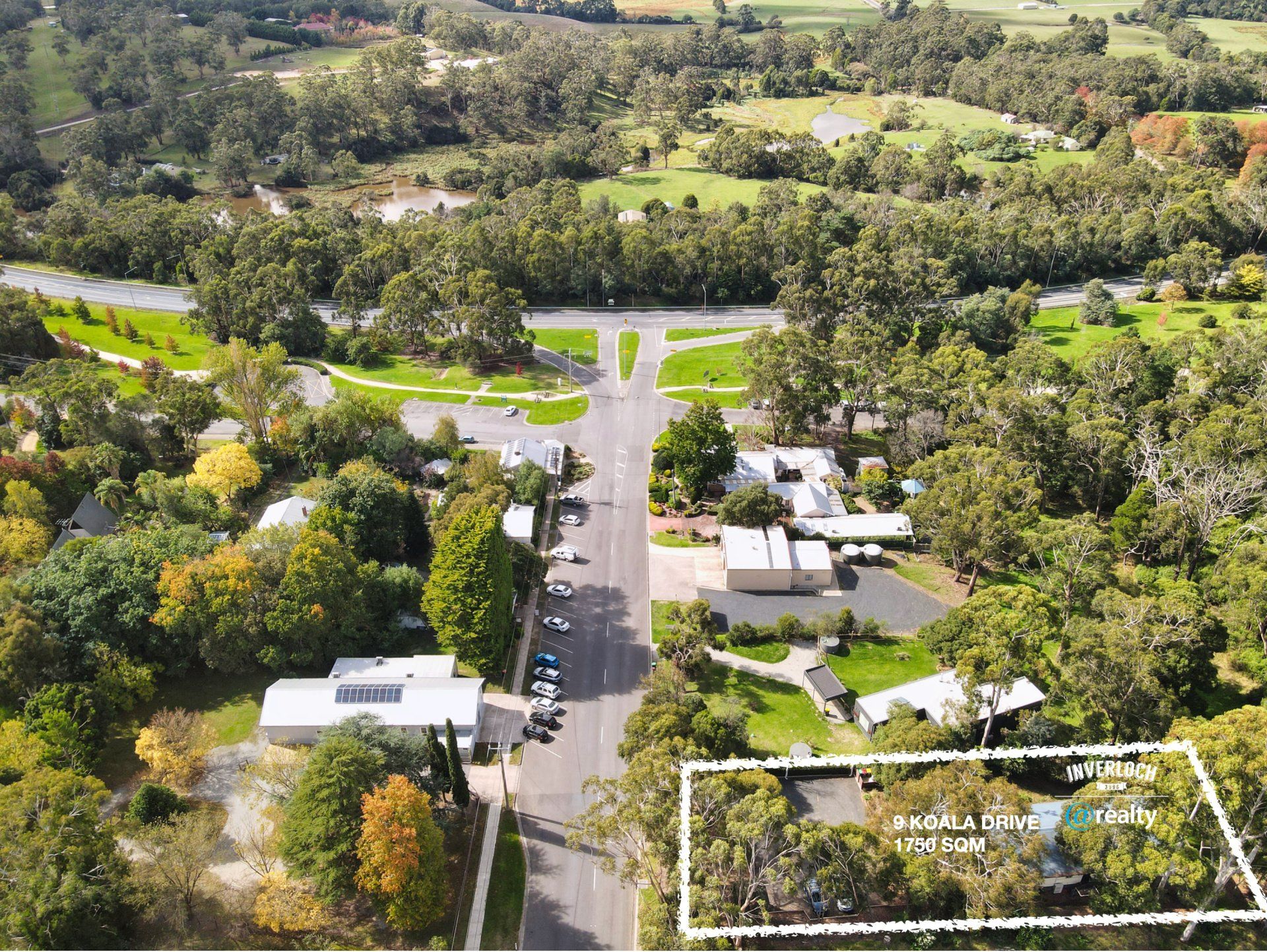 An aerial view of a residential area with trees and houses