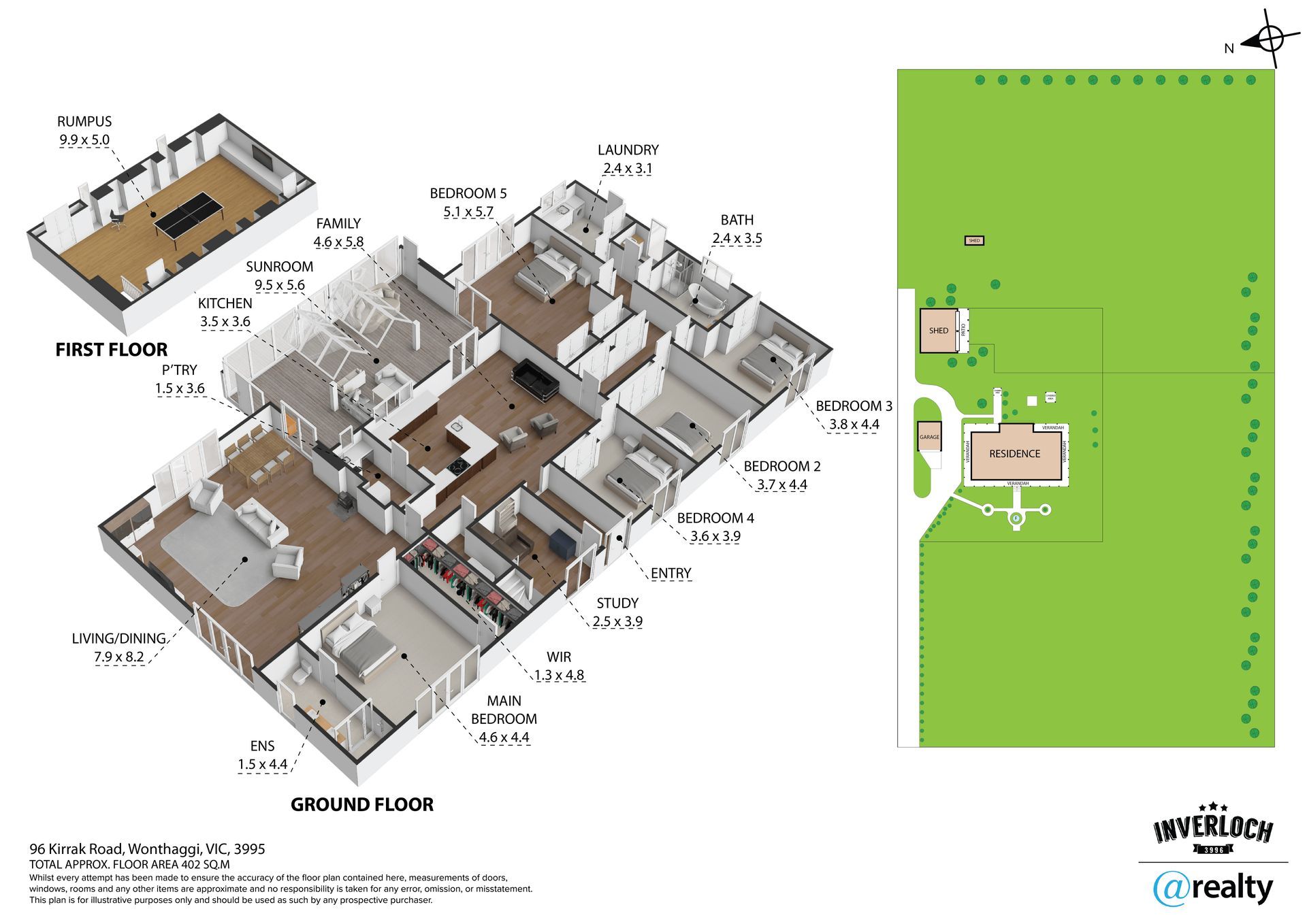 Floor plan of a house with labels for rooms, plus a property layout showing a green lawn.