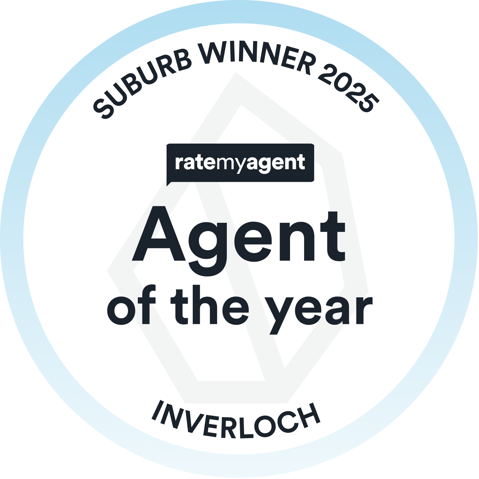 Circular award badge reading “Suburb Winner 2025” and “Agent of the Year” Leo Edwards for Inverloch, with ratemyagent logo.